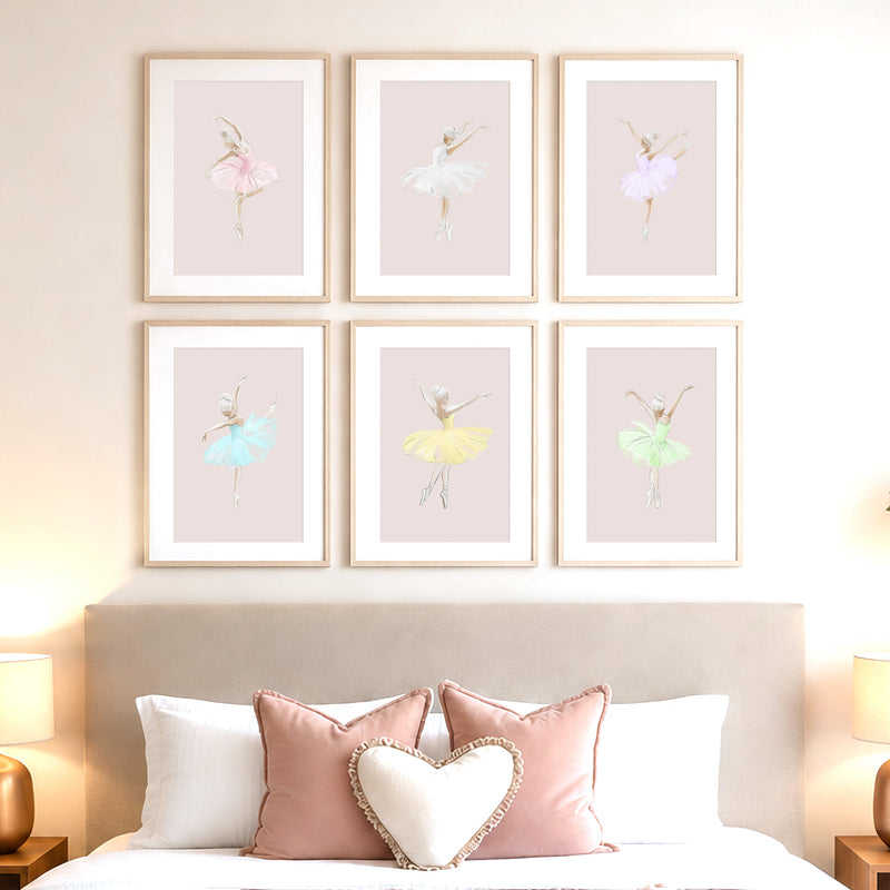 Set of 6 pastel ballerina wall art prints, above a bed, elegant ballet wall art  decor for girls nursery, bedroom, toddler room. Large printable wall art, digital download