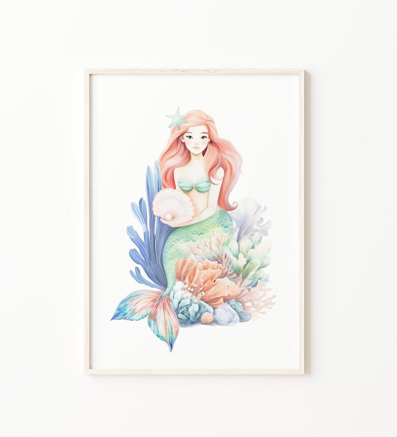 Beautiful watercolor ocean and mermaid wall art prints, set of 6, featuring sea turtle, seahorse, jellyfish, tropical fish, and starfish prints. Large Digital & physical prints.