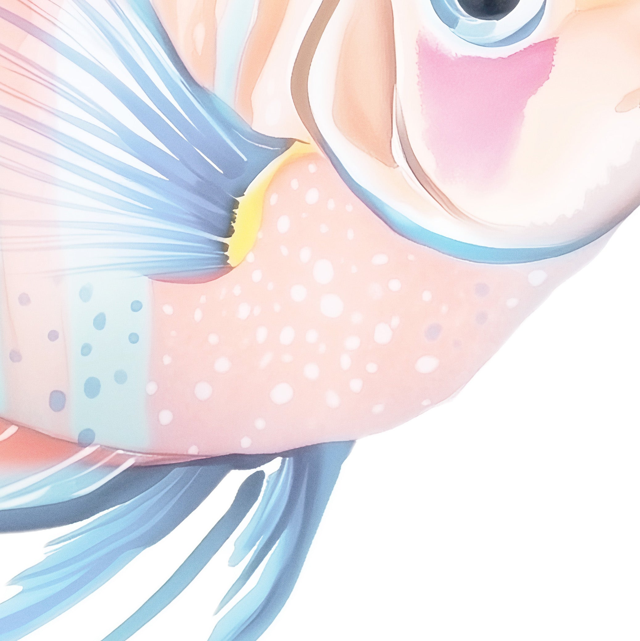 A close-up watercolor-style illustration of a fish, high resolution,  large, printable wall art, digital download