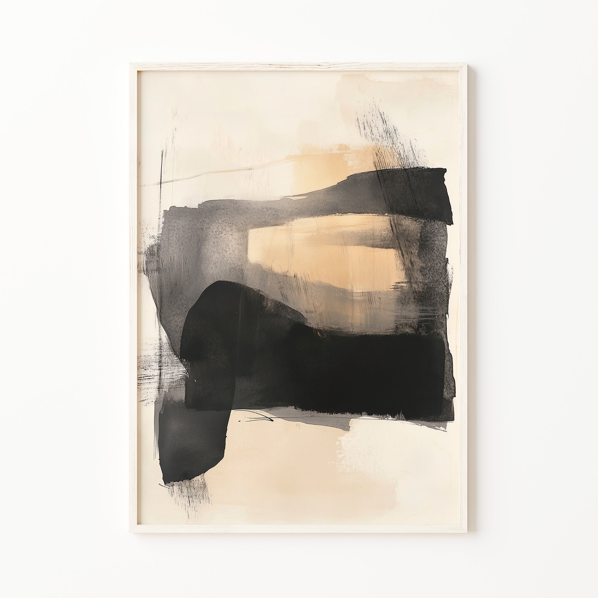abstract beige and black painting, modern neutral wall art, minimalist brush stroke print large printable wall art