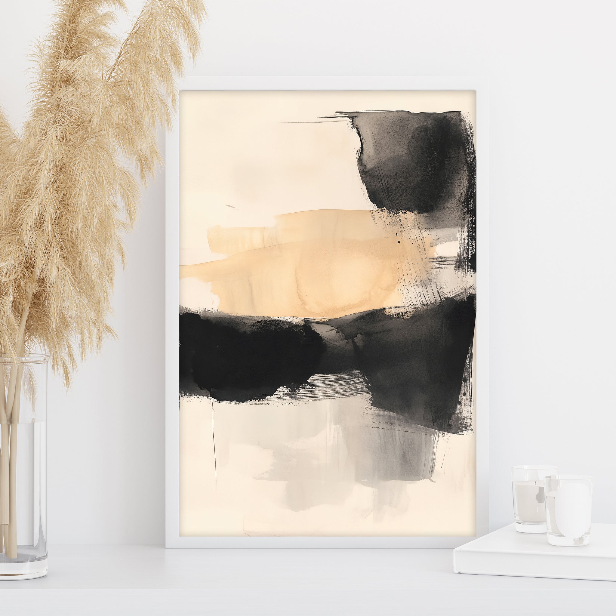 neutral abstract watercolor print, black brush stroke on beige canvas wall art, contemporary minimalist decor