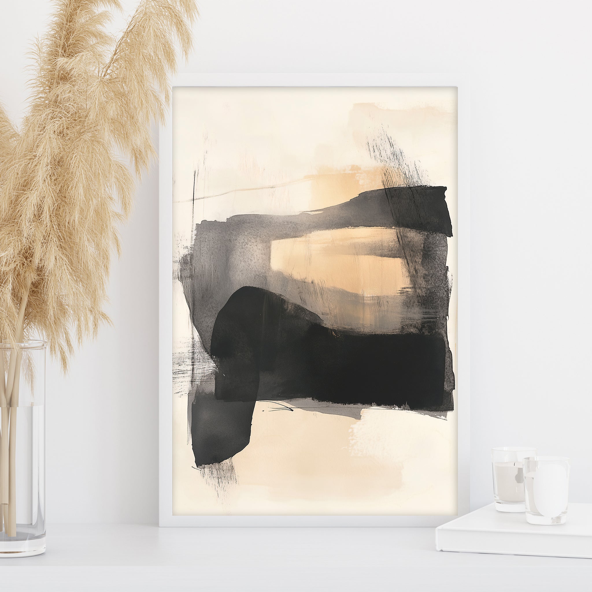 neutral abstract wall decor, black and beige watercolor print, contemporary minimalist artwork, brushstroke wall art