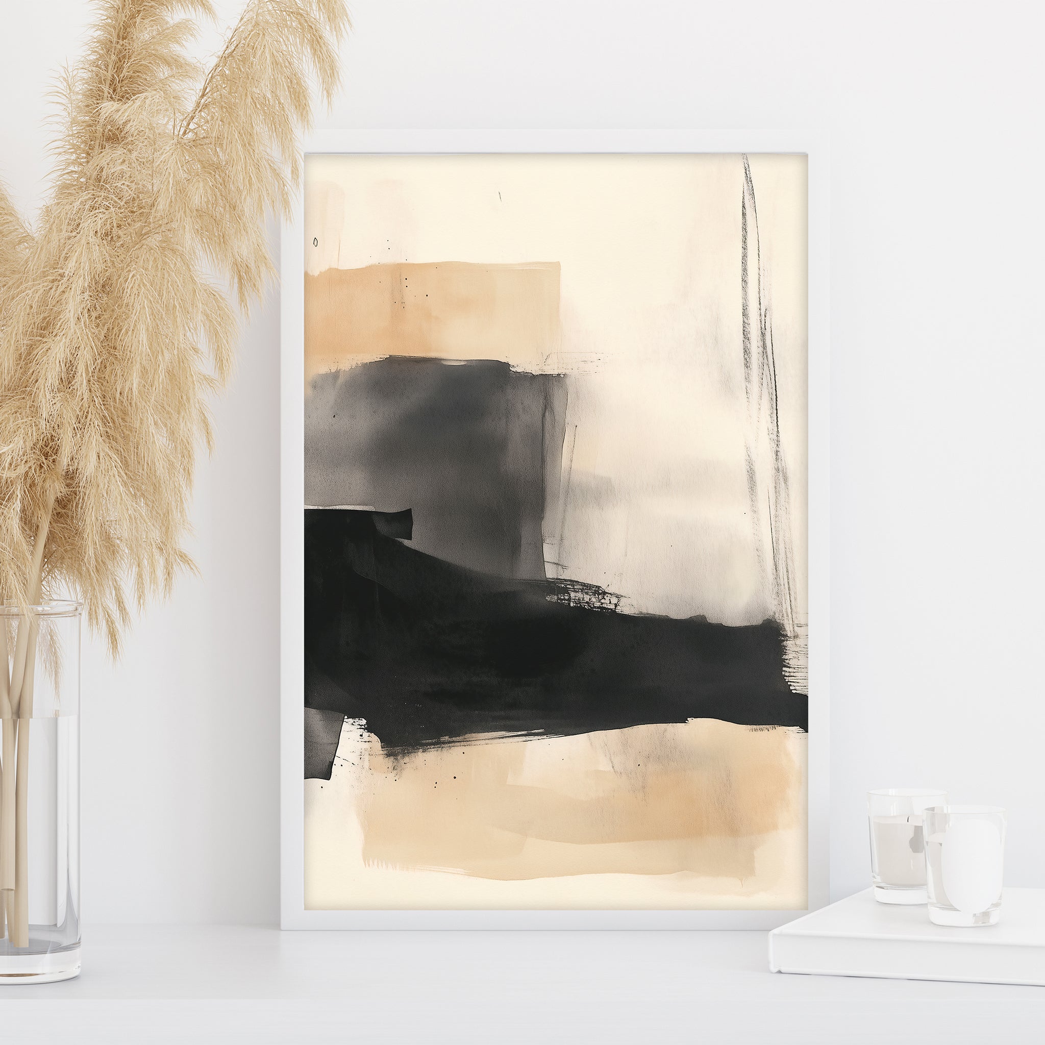beige and black abstract watercolor art, modern minimalist wall decor, neutral interior print, brush stroke wall art for living room, bedroom or office large