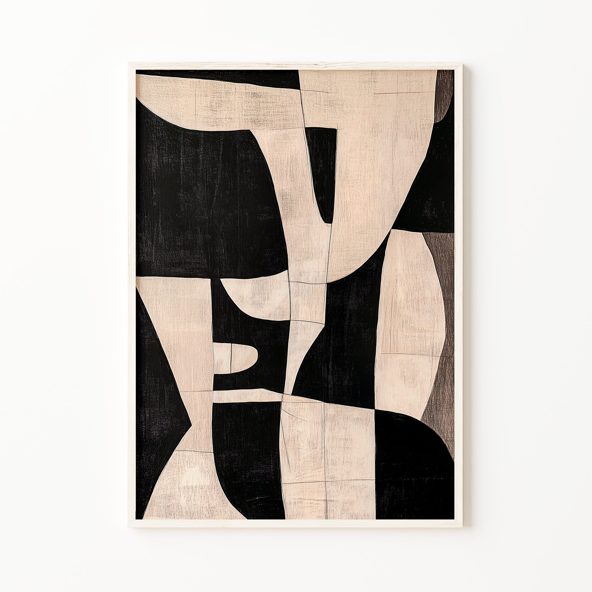 Black and beige abstract wall art print with organic shapes, minimalist modern decor for living room or bedroom