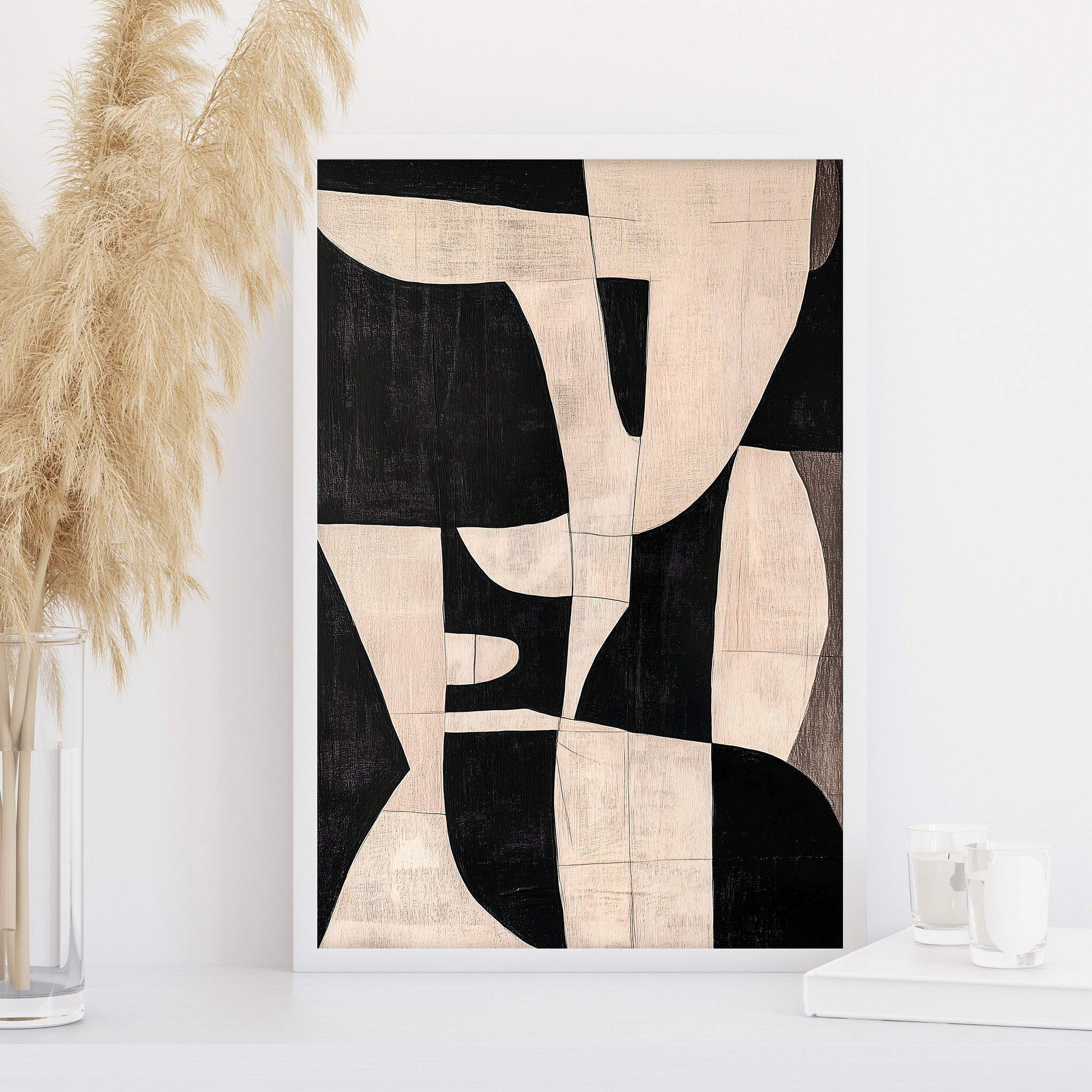 Neutral abstract canvas art print in black and beige tones, minimalist wall decor for above sofa or above bed