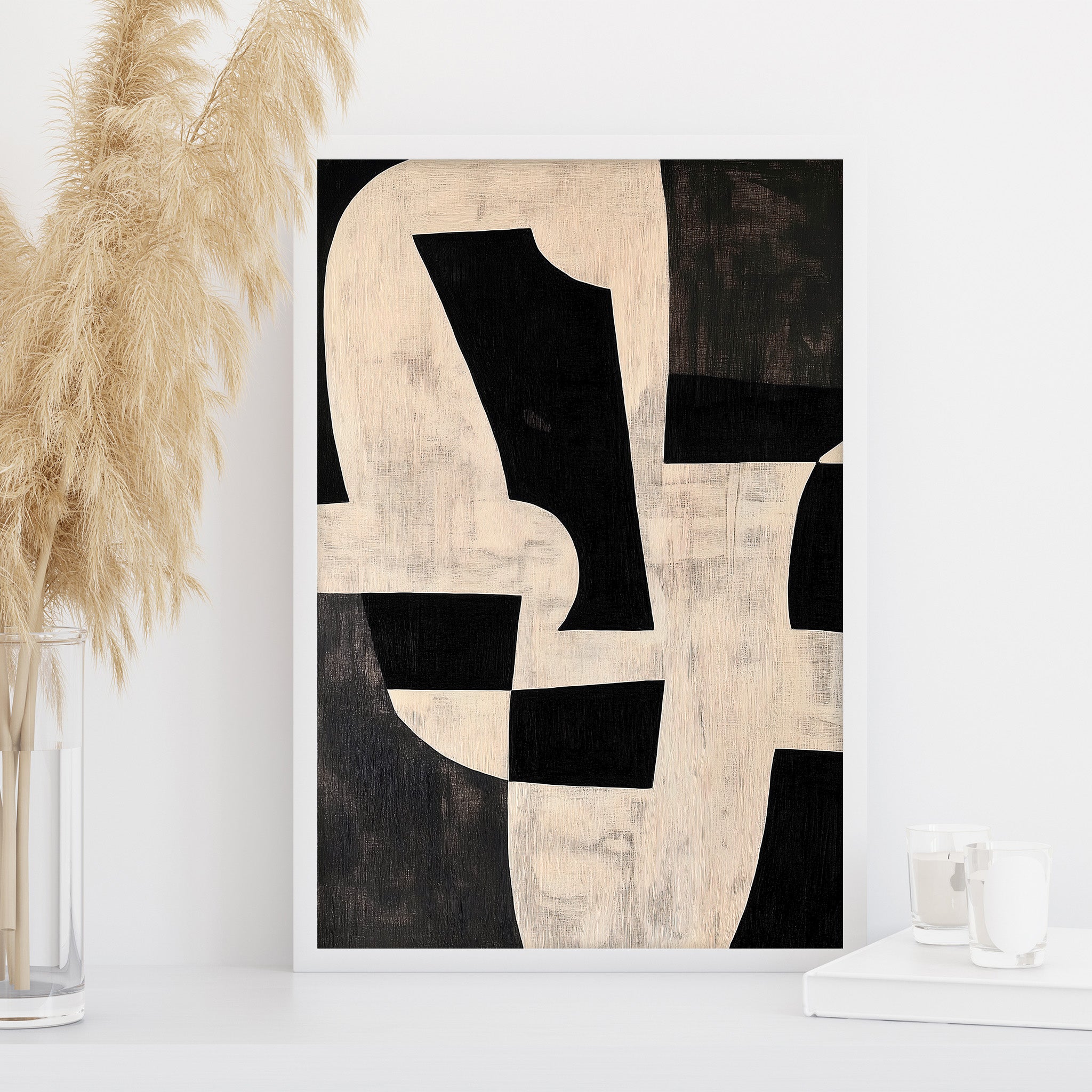 Black beige abstract print with bold shapes, contemporary wall art for above couch or modern interior design