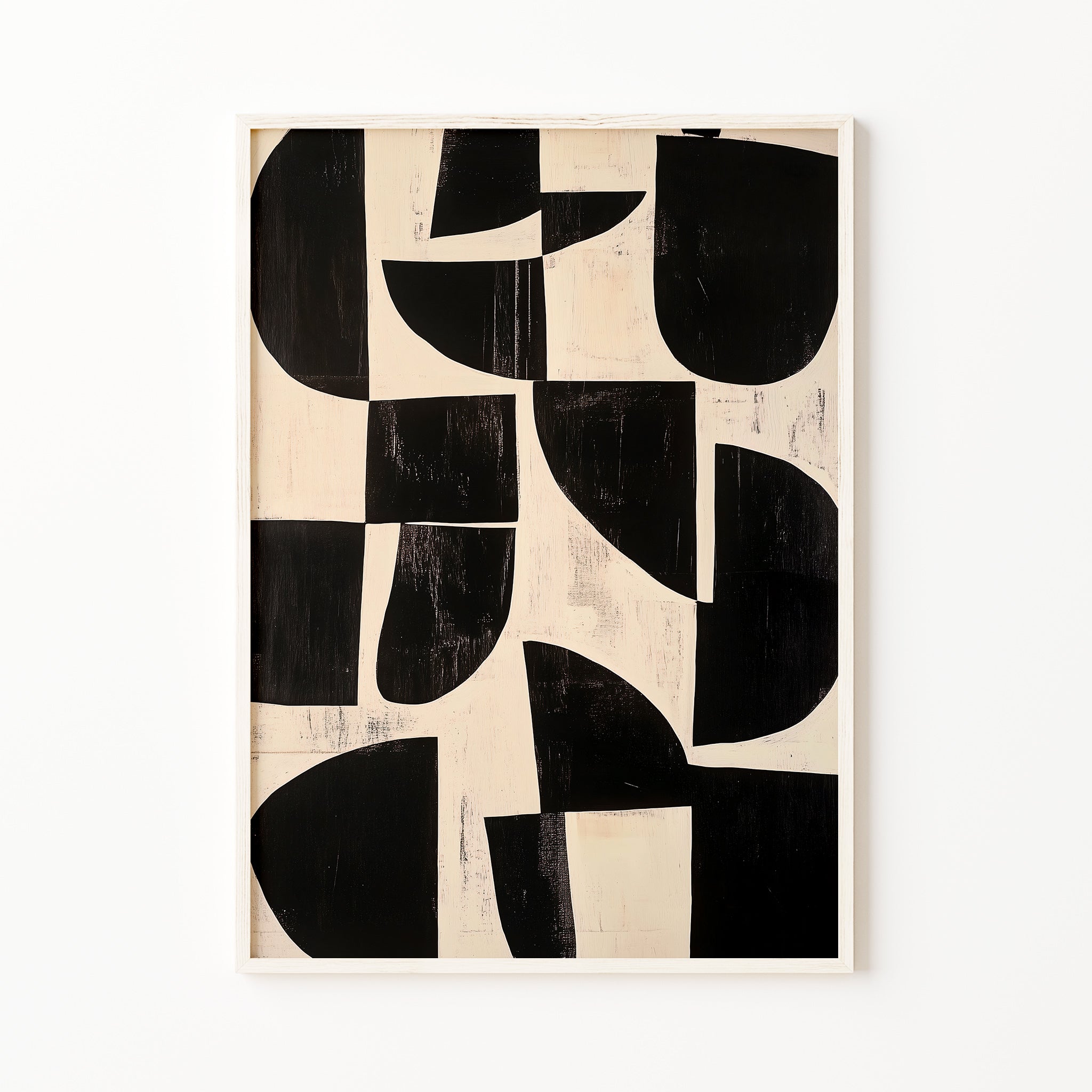 Abstract black geometric shapes wall art on beige background, modern minimalist print for living room decor
