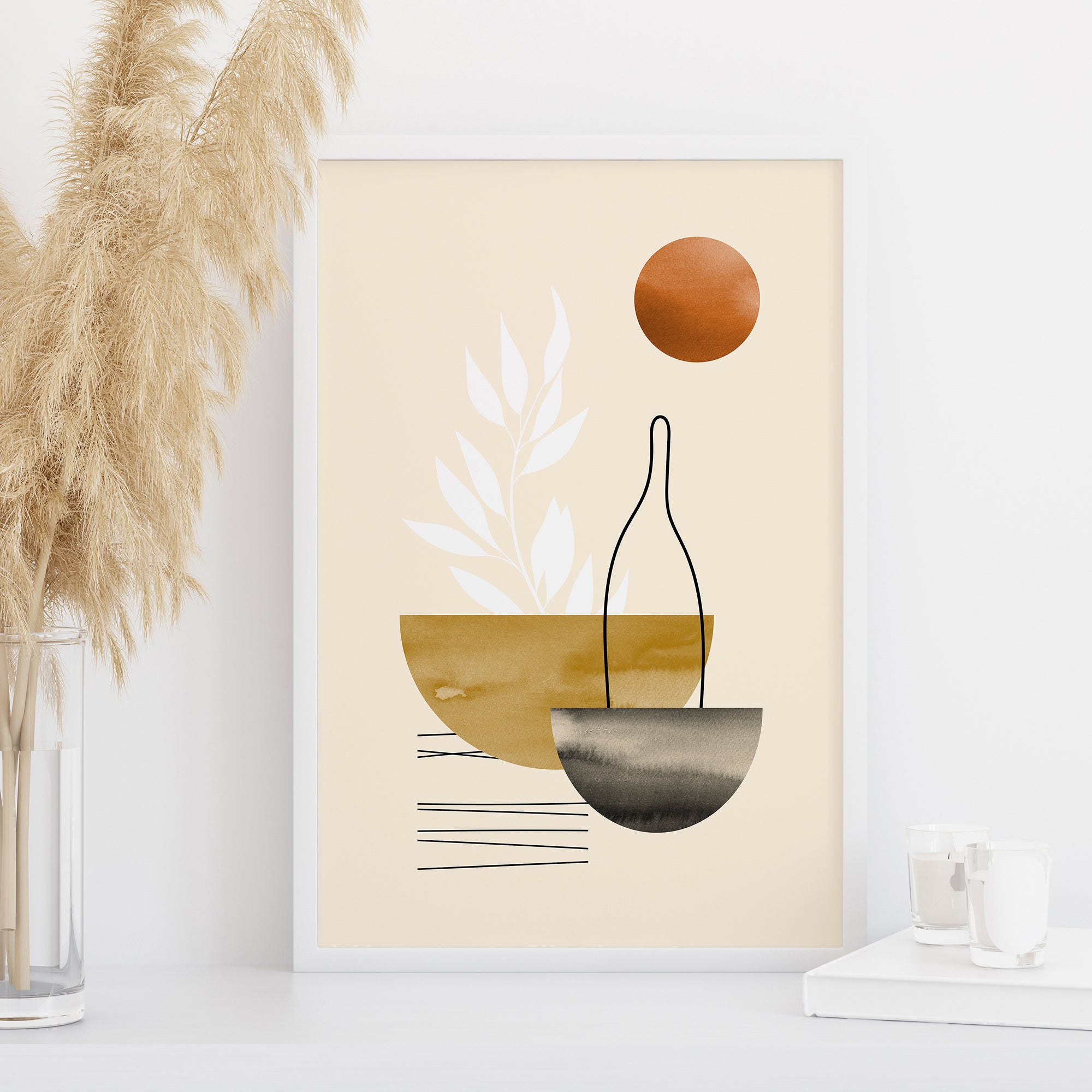 abstract vase wall art boho minimalist composition with plant and shapes neutral decor large digital download