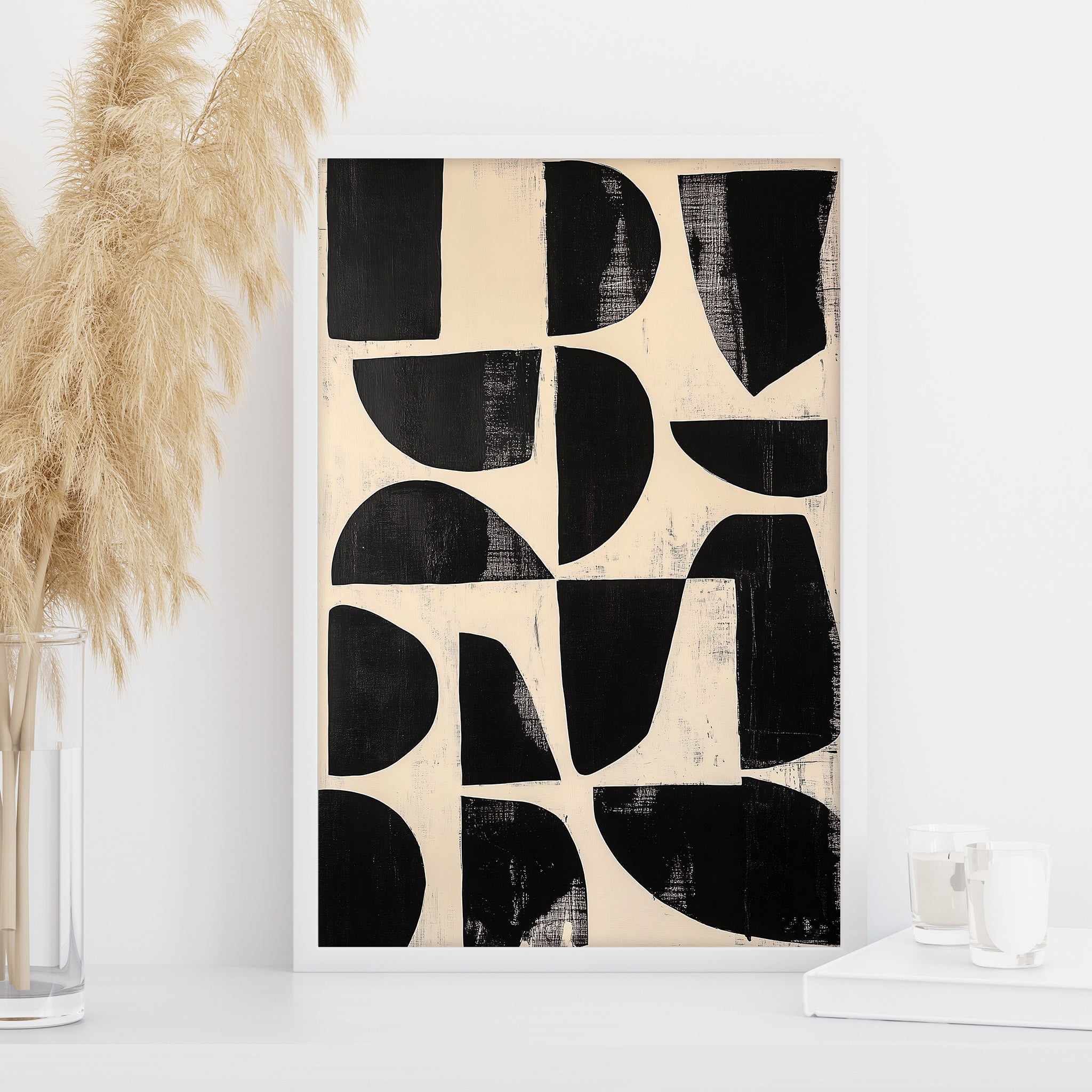 Neutral abstract shapes artwork in black and cream, contemporary minimalist wall decor for modern interior large digital download