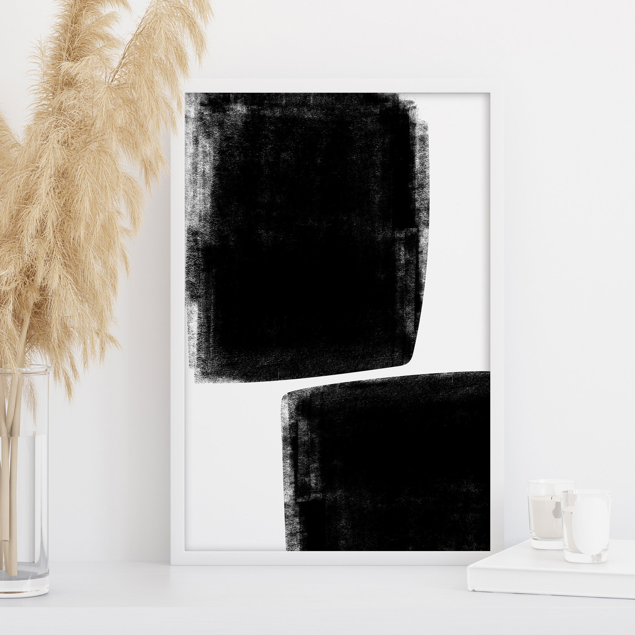 black and white abstract shape wall art textured minimalist print modern neutral living room decor