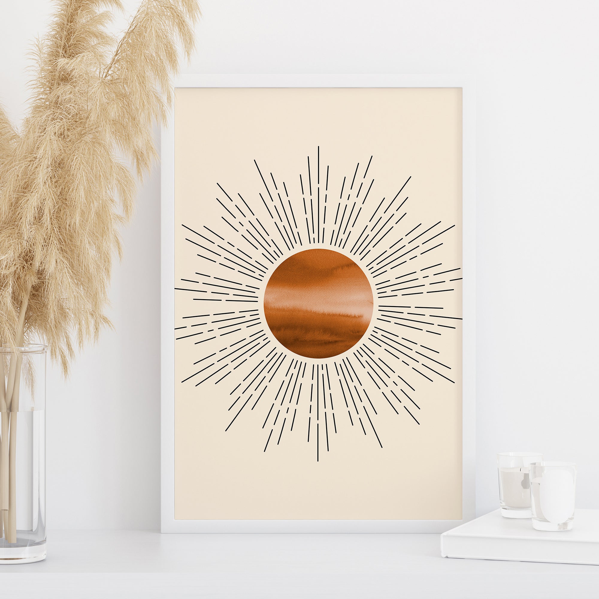 abstract sun wall art with rays boho minimalist terracotta circle modern print large printable wall art