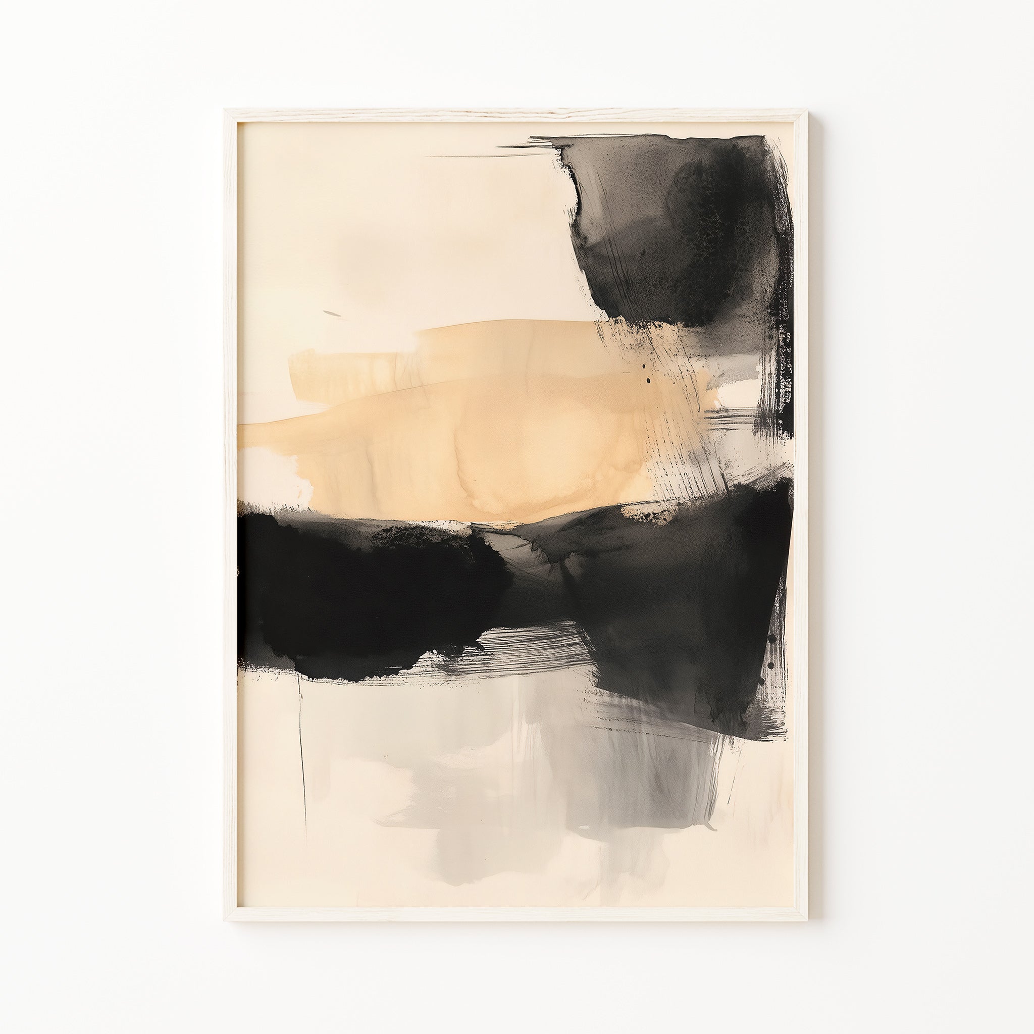 abstract beige and black wall art print, minimalist neutral painting, modern brush stroke artwork for living room, Japandi style