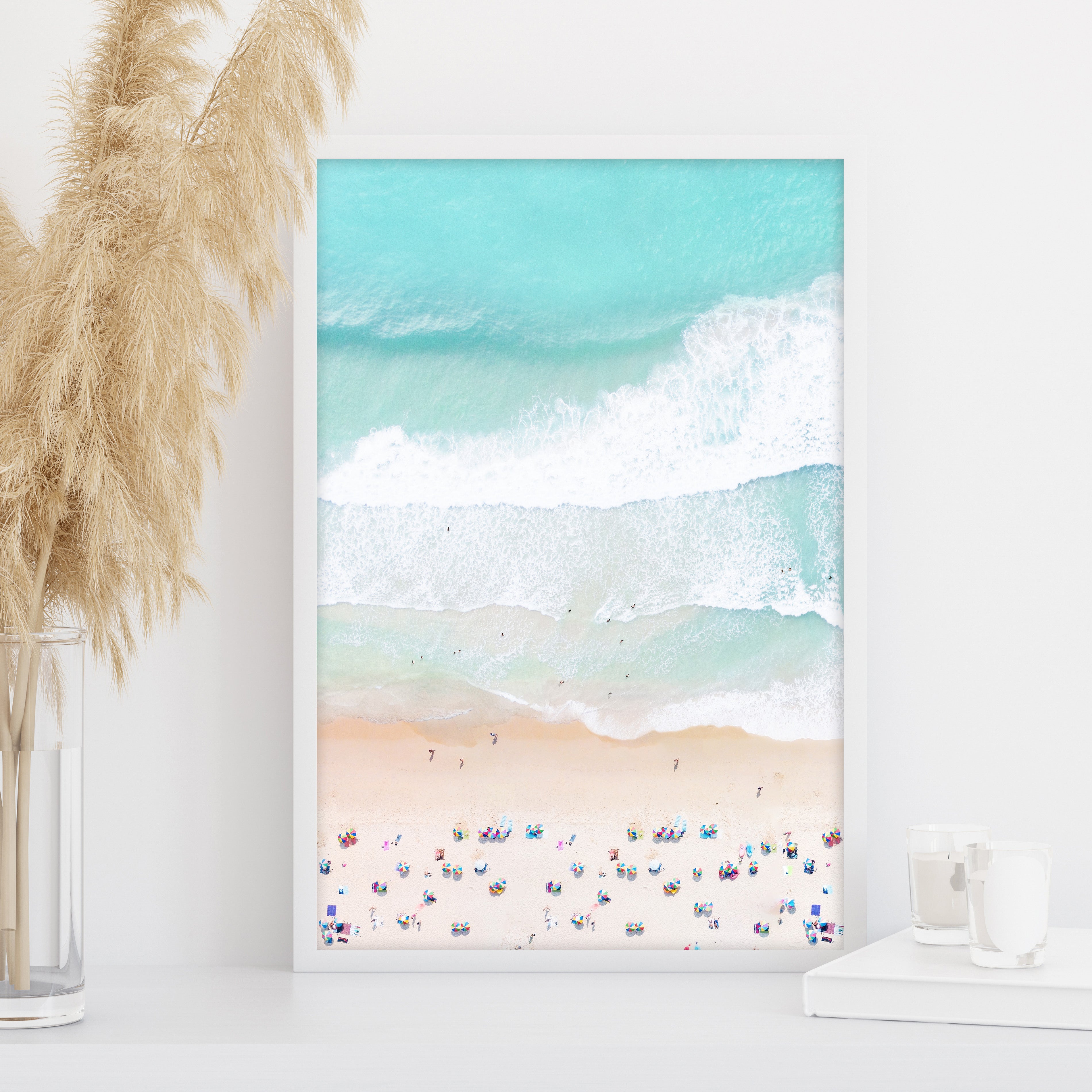 Ocean wall art, aerial beach photography, seaside view with turquoise water and people on the beach, modern coastal print, large