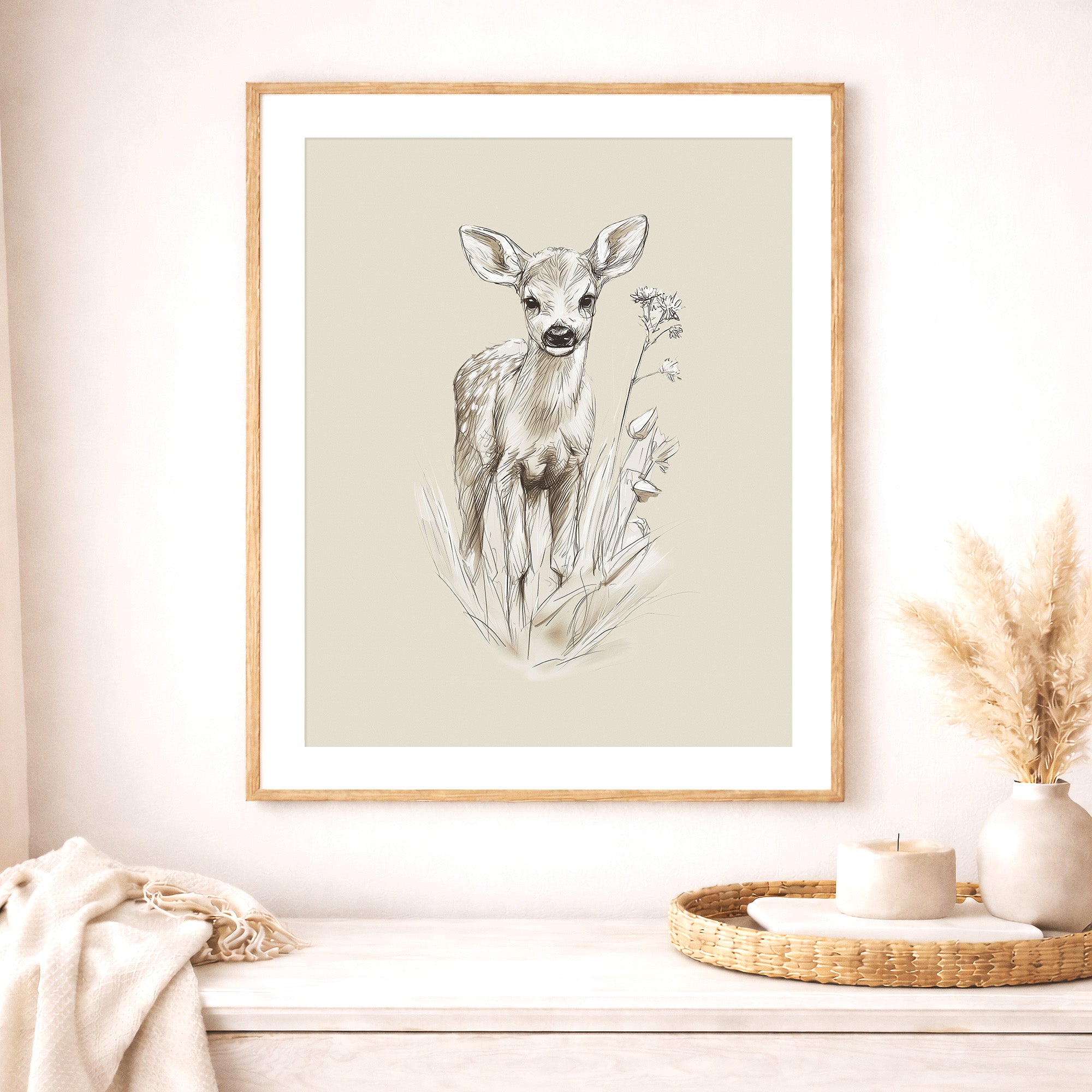Neutral baby deer nursery wall art print in a natural wood frame displayed above a white dresser with beige decor. Woodland animal nursery decor, forest animal wall art, Scandinavian nursery print, gender neutral baby room decor, woodland nursery artwork.