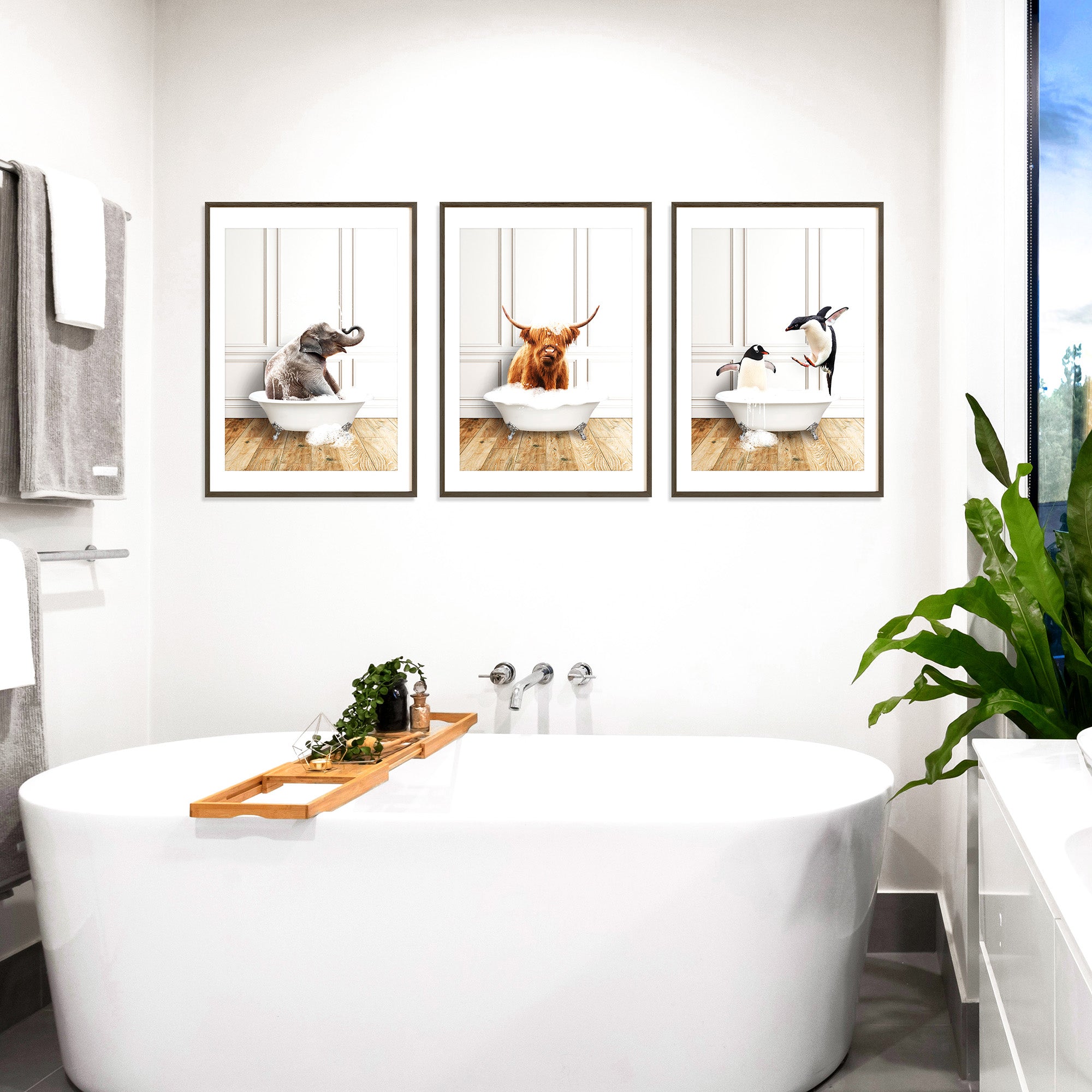 Funny animal bathroom wall art set of 3 prints, elephant, highland cow, penguins in a bathtub prints, modern bathroom decor, large printable wall art