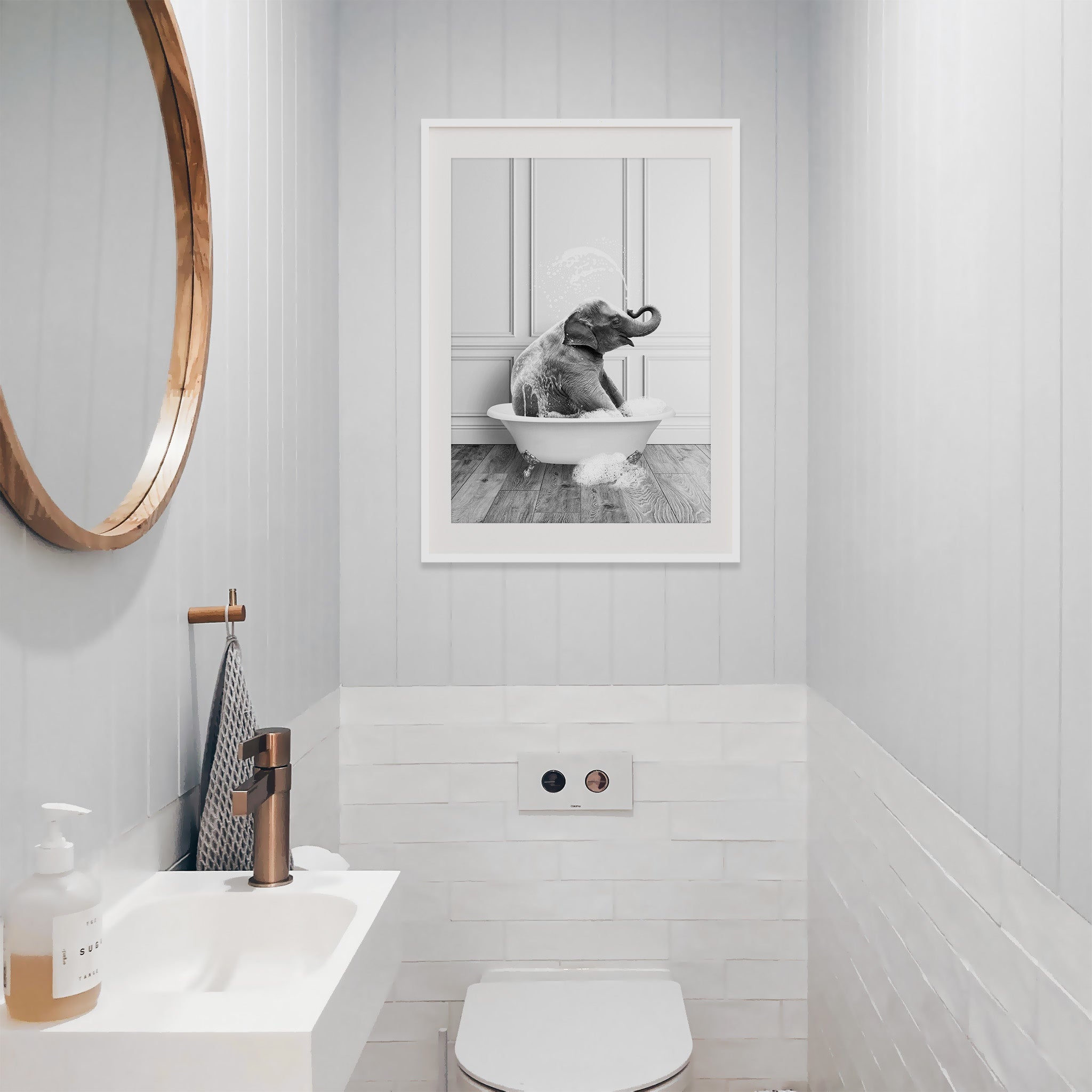 Black and white cute elephant bathroom wall art,  monochrome funny animal bathtub print above toilet, b&w minimalist bathroom decor, large printable wall art