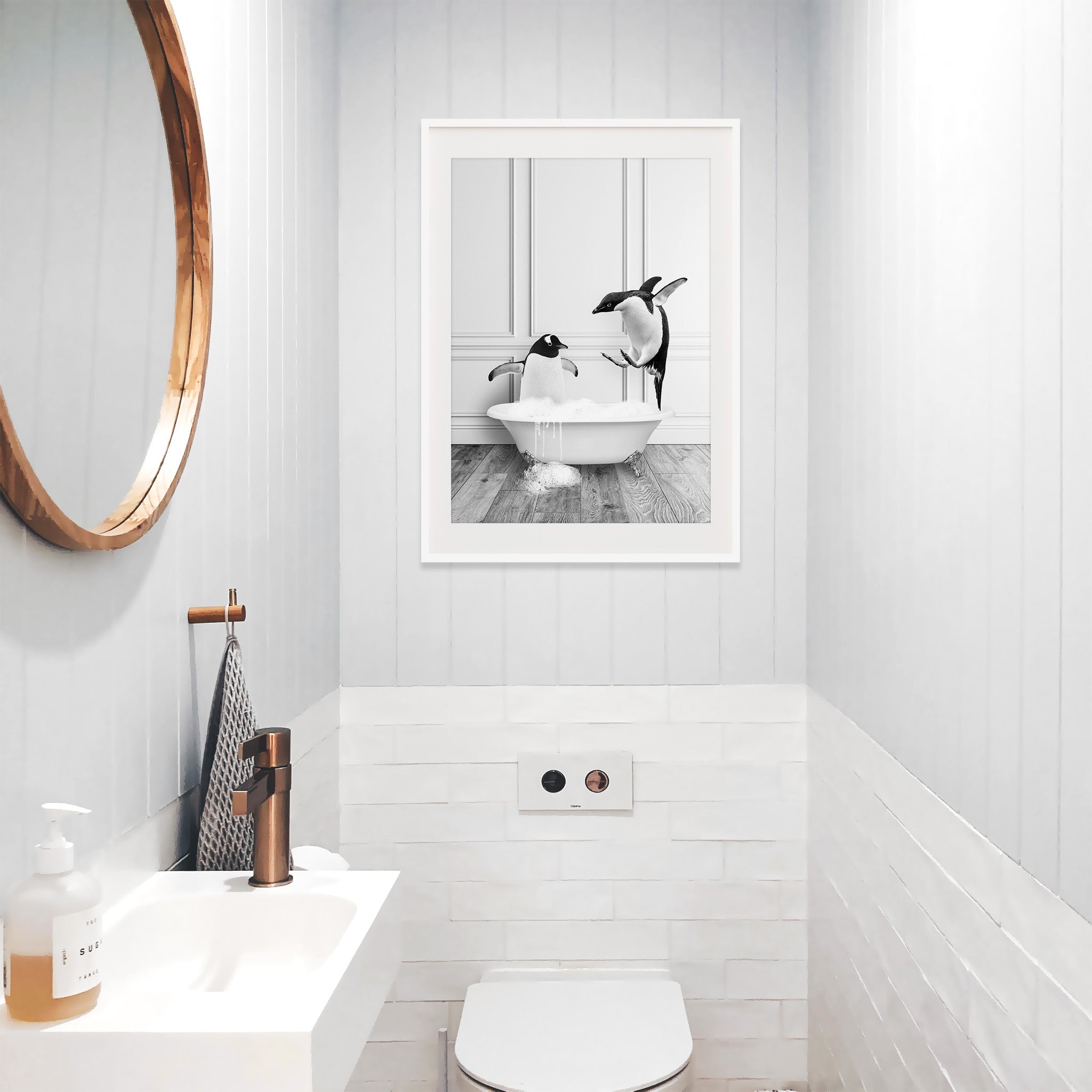 Black and white penguin bathroom wall art, funny animal bathtub print, minimalist modern bathroom decor, large printable wall art