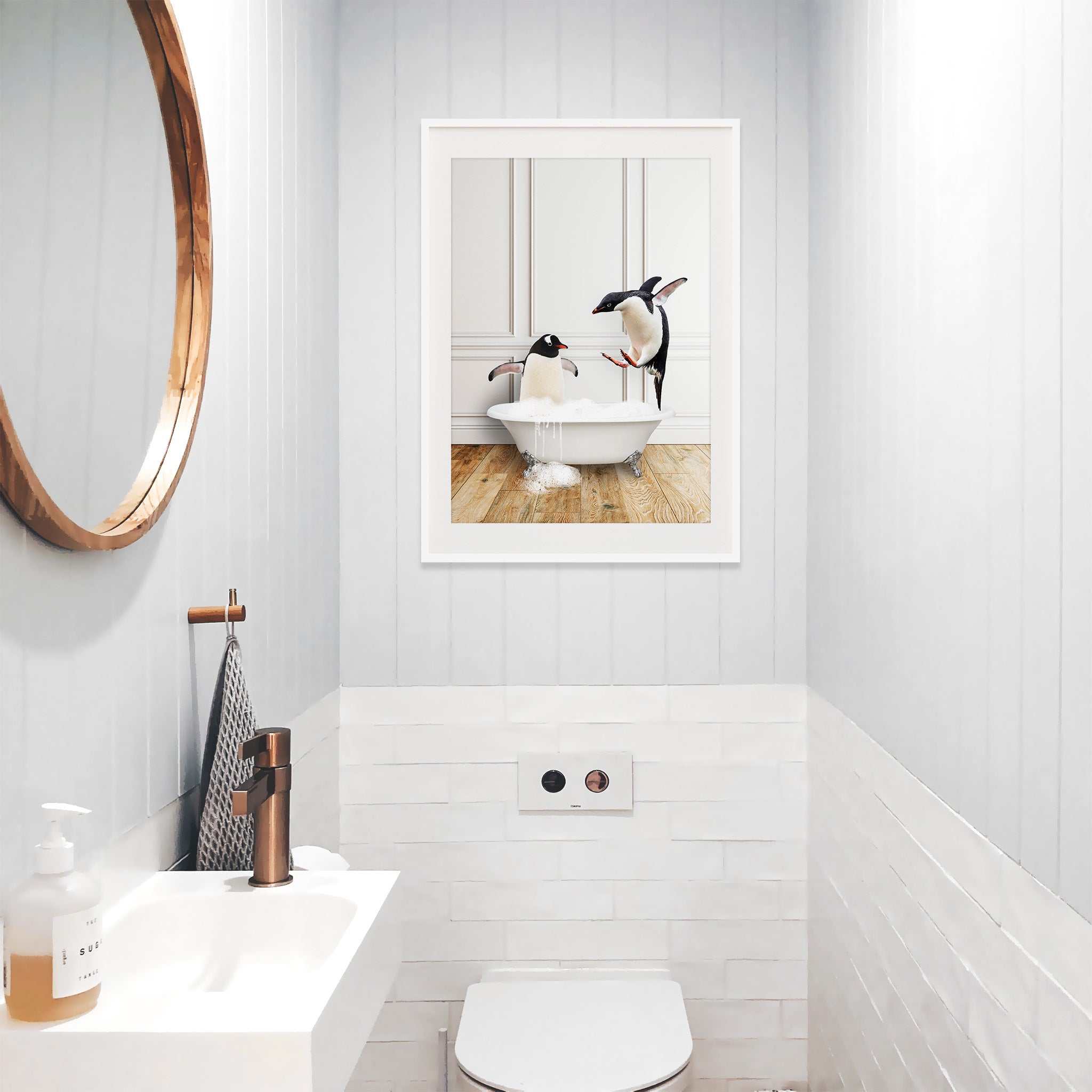 Funny penguin bathroom wall art, cute animals in bathtub print, modern bathroom decor, large printable wall art