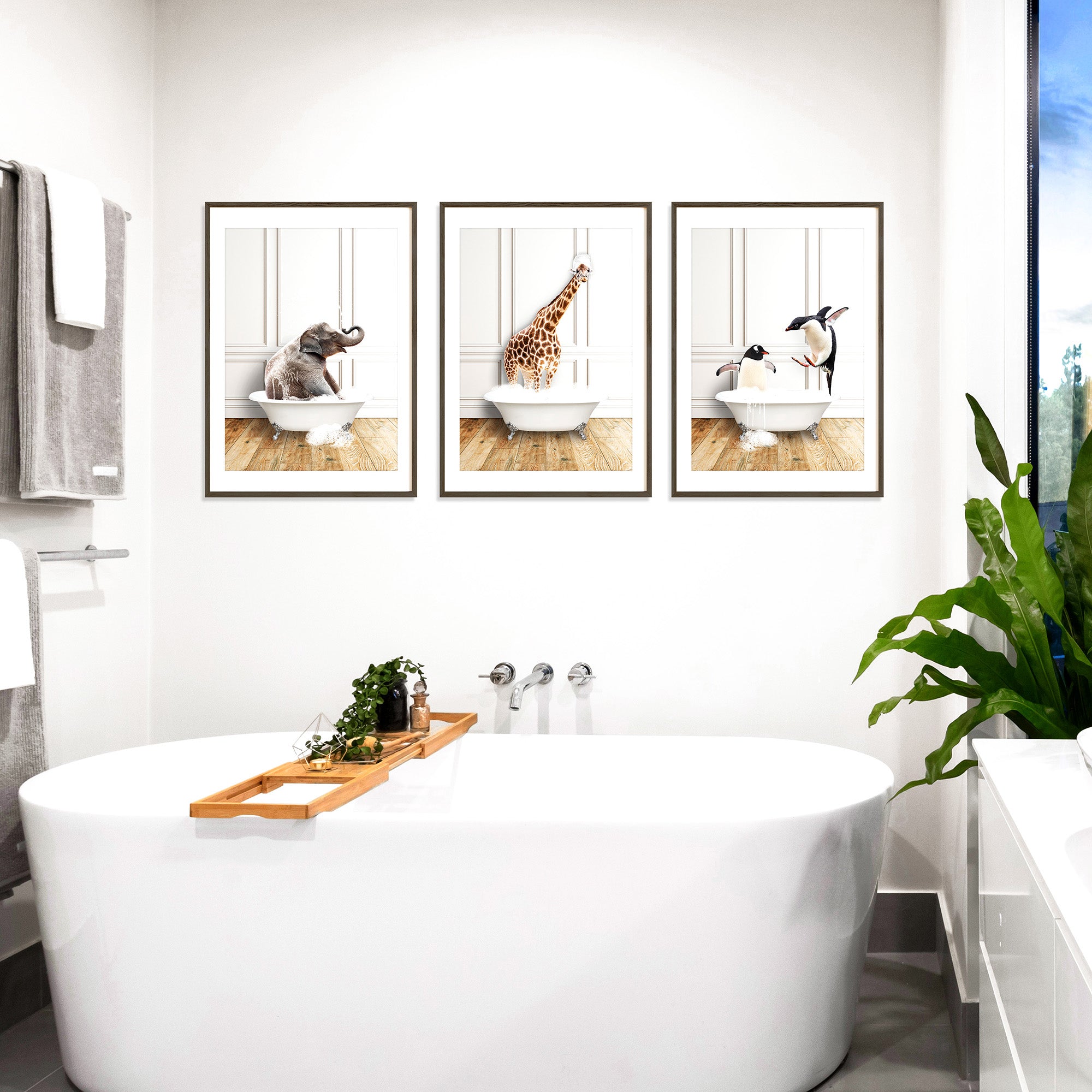 Funny bathroom wall art decor set of 3 prints with cute animals bathing, playful bathroom or kids prints. Large printable wall art