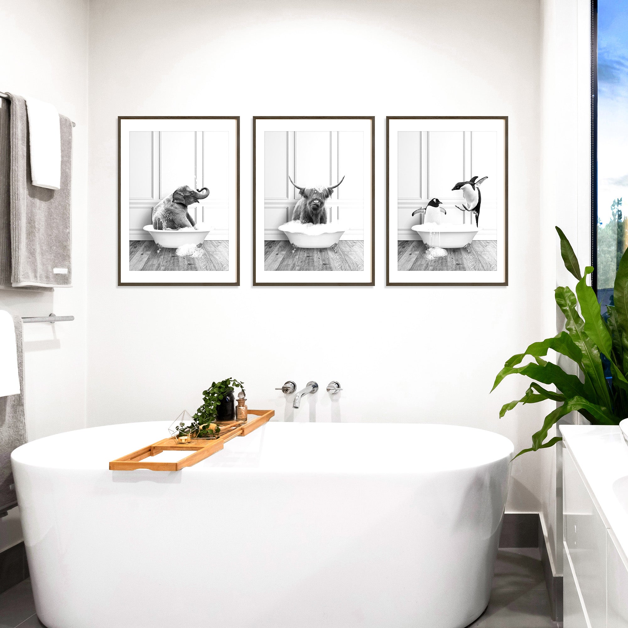 Black and white funny animal bathroom wall art set of 3, elephant, highland cow, penguins in bathtub prints, large printable wall art