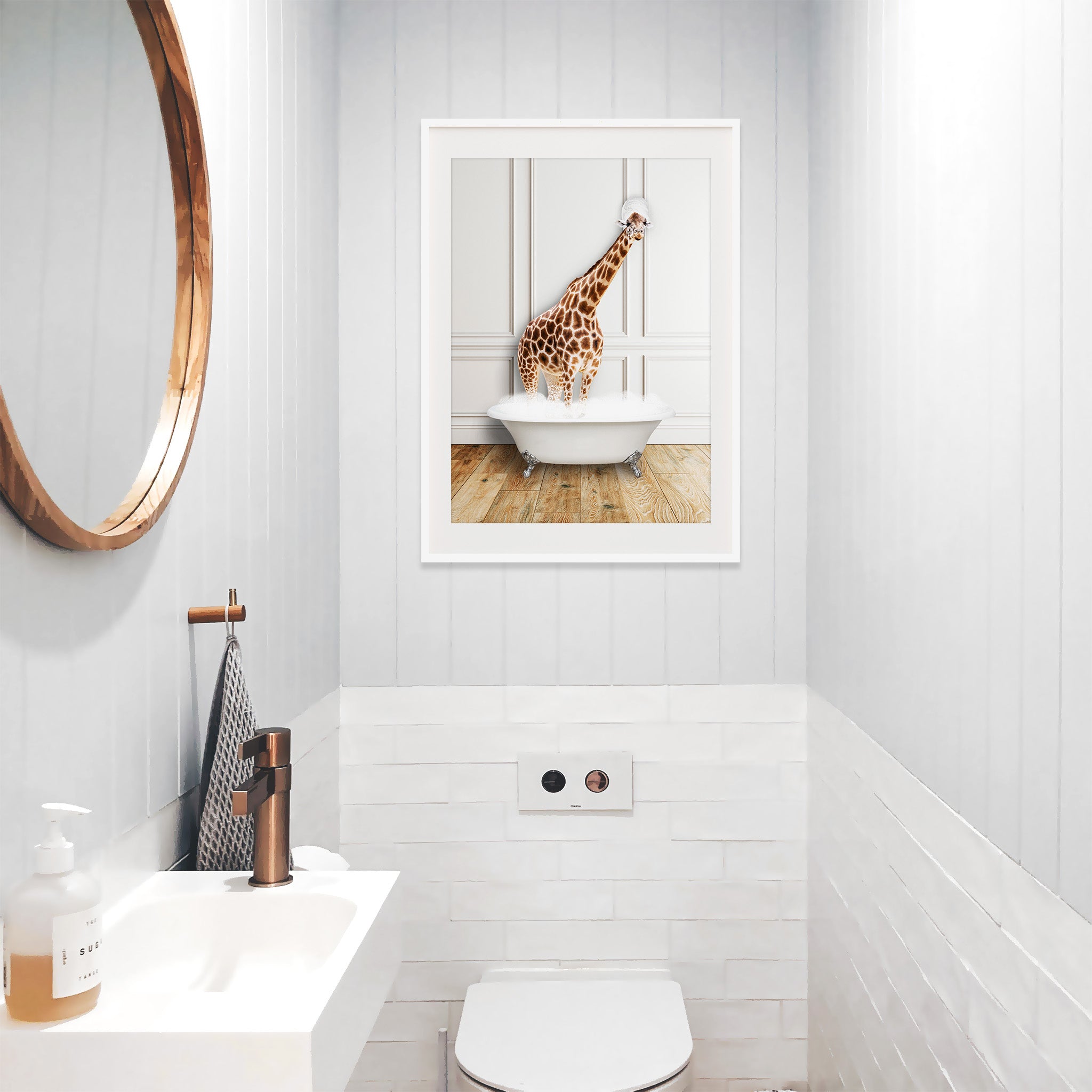 Cute giraffe bathroom wall art, funny animal in bathtub print, modern playful bathroom decor, large printable wall art