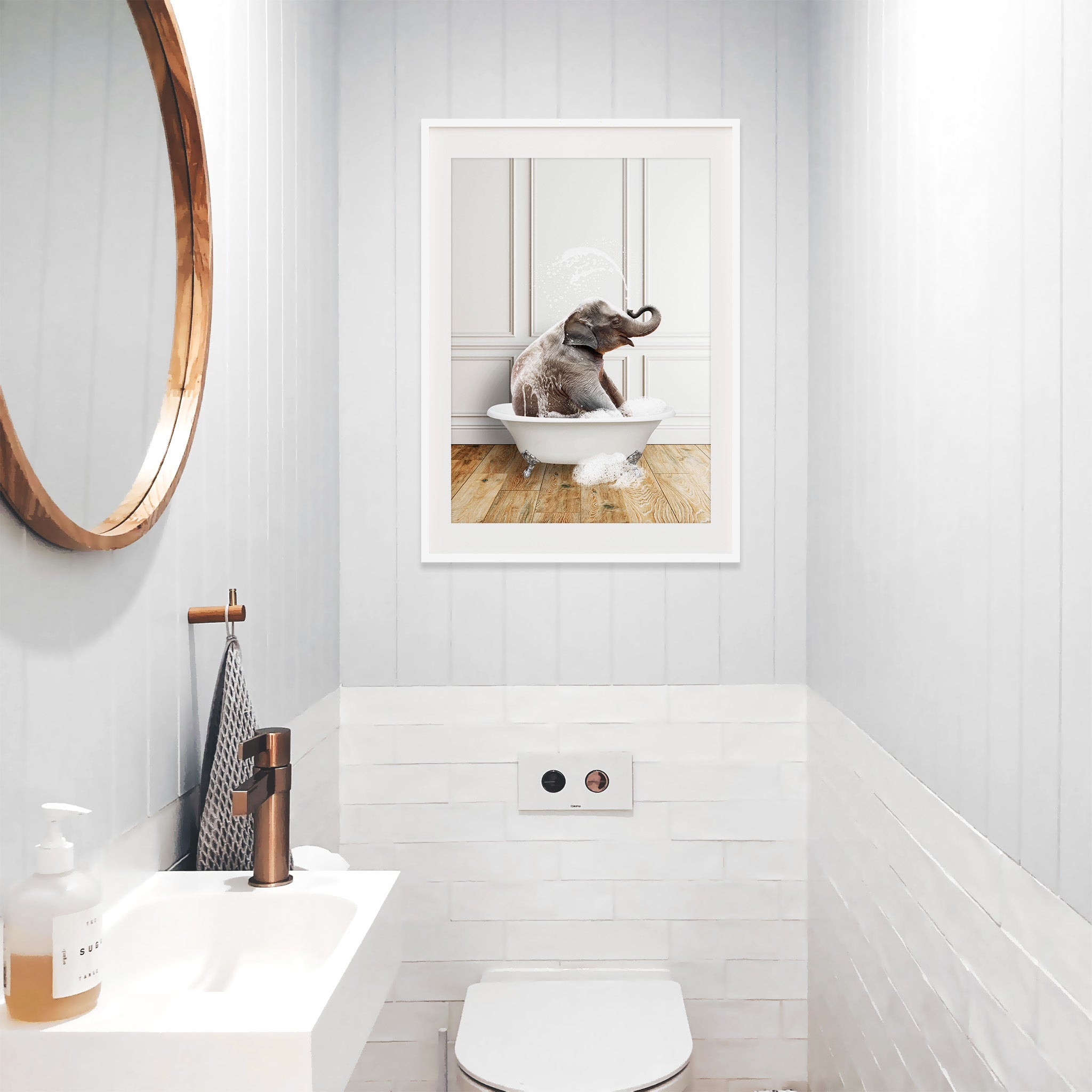 Black and white cute elephant bathroom wall art, funny animal bathtub print, minimalist bathroom decor, above toilet print large