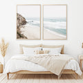 Coastal wall art set of 2 prints, above bed art, large wall art printable with beach cliffs and ocean waves, minimalist neutral wall art decor for coastal bedroom, living room 