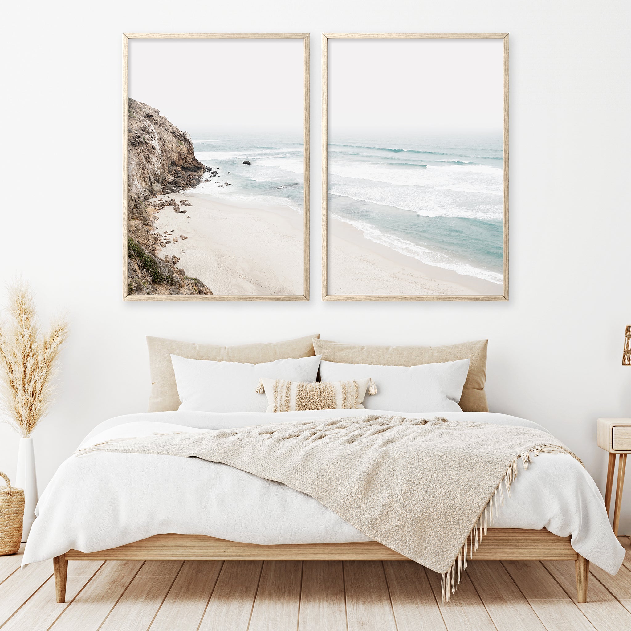 Coastal wall art set of 2 prints, above bed art, large wall art printable with beach cliffs and ocean waves, minimalist neutral wall art decor for coastal bedroom, living room 