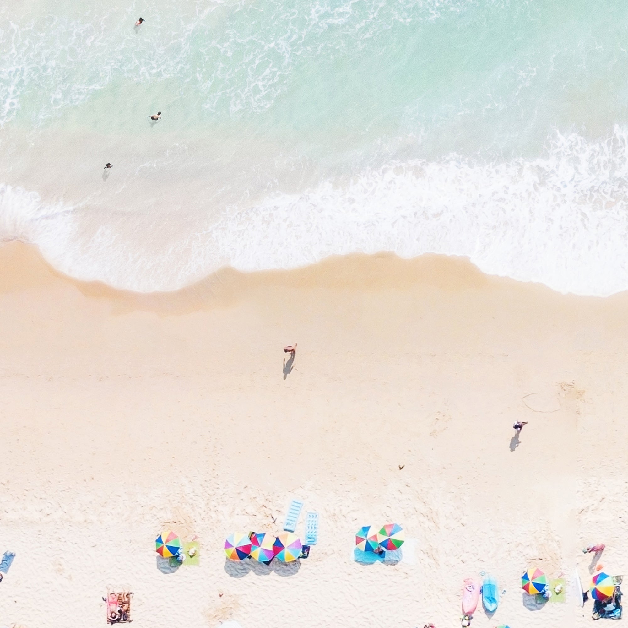 Beach scene with colorful umbrellas and people enjoying the sun and sand. high-quality, large printable wall art, digital download