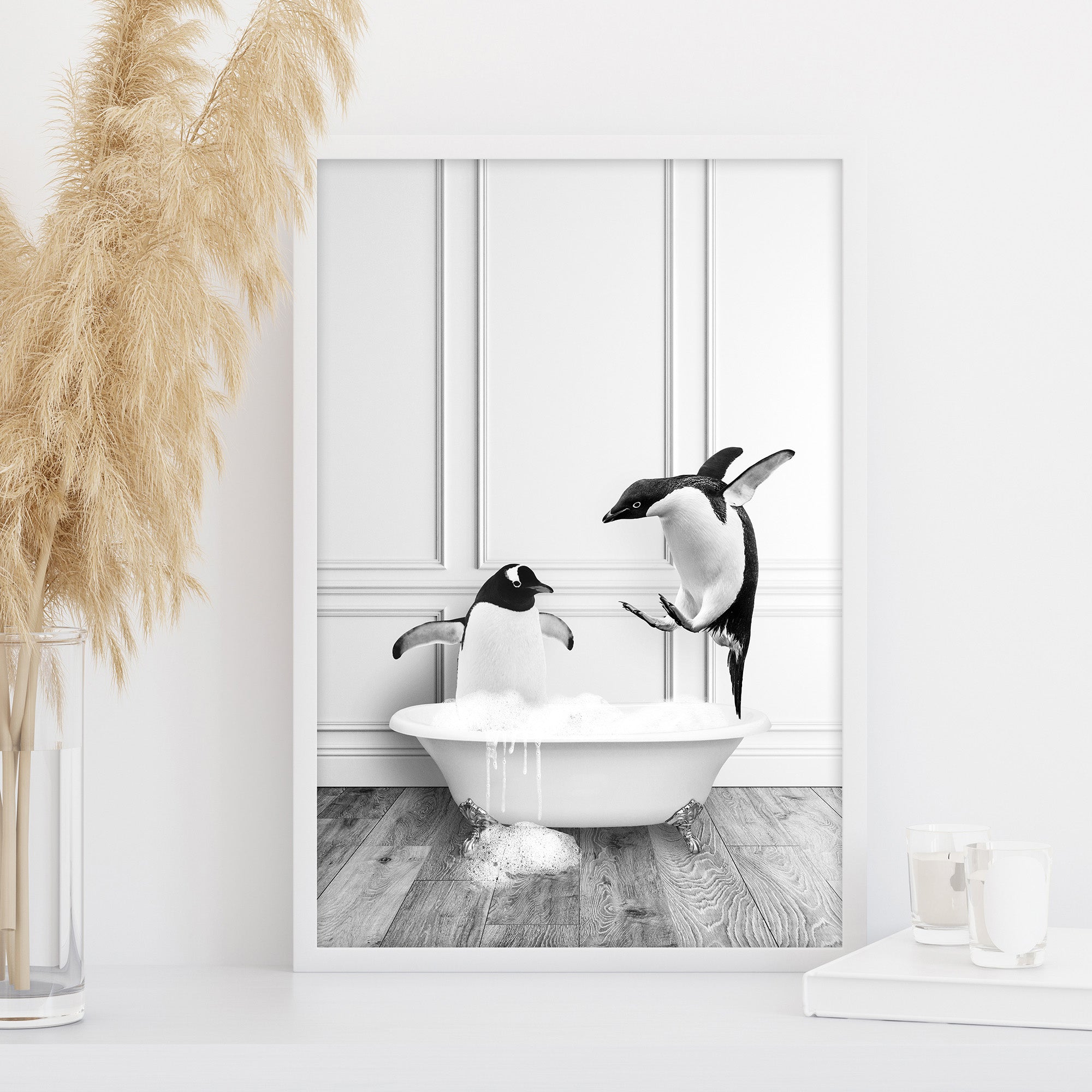 Monochrome funny penguins bath printable wall art, cute animal poster for bathroom, modern neutral decor large