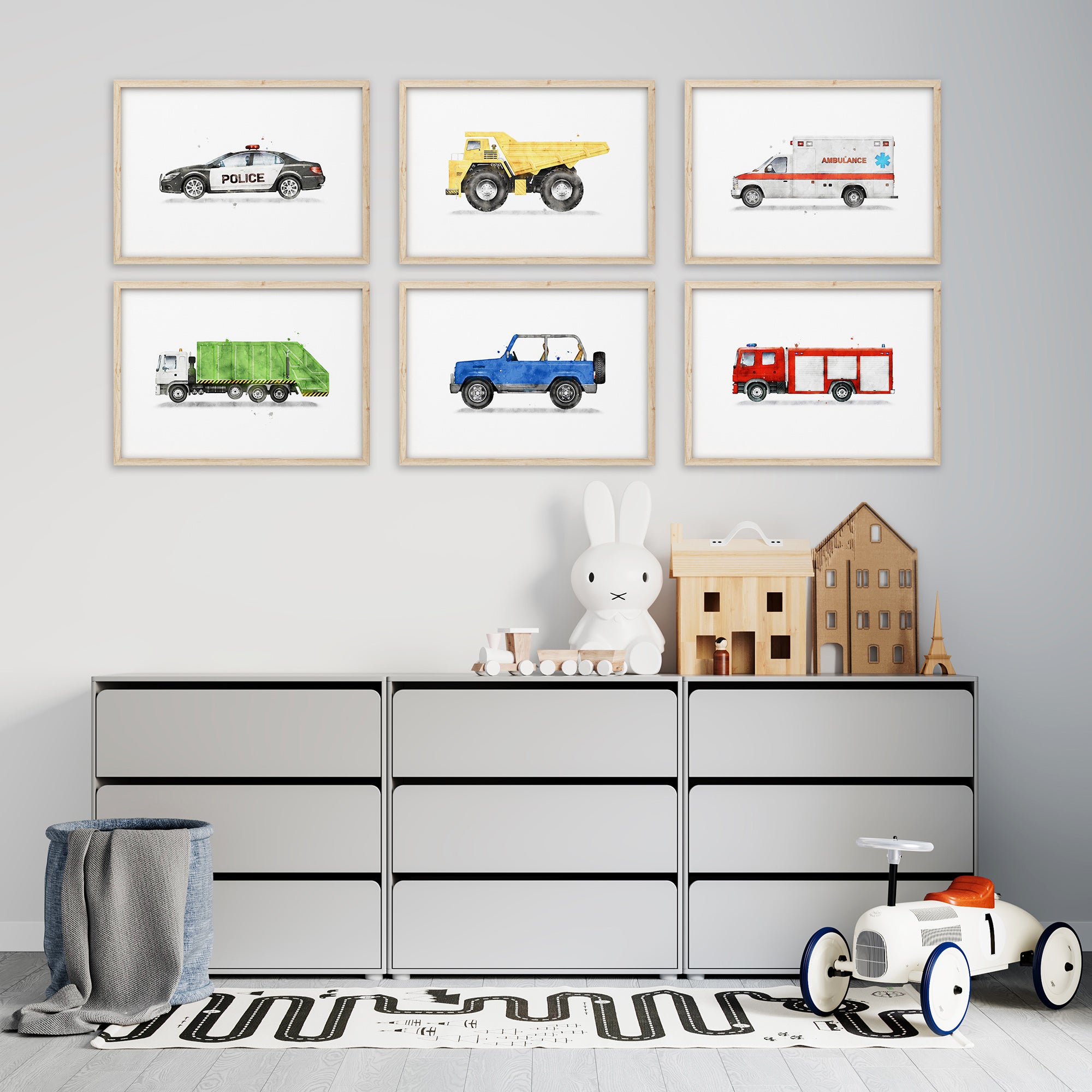 Vehicles wall art set of 6 prints, police car, ambulance, fire truck, dump truck, garbage truck, jeep, baby boys nursery wall art decor, children's watercolor transportation prints, kids room wall art printable large

