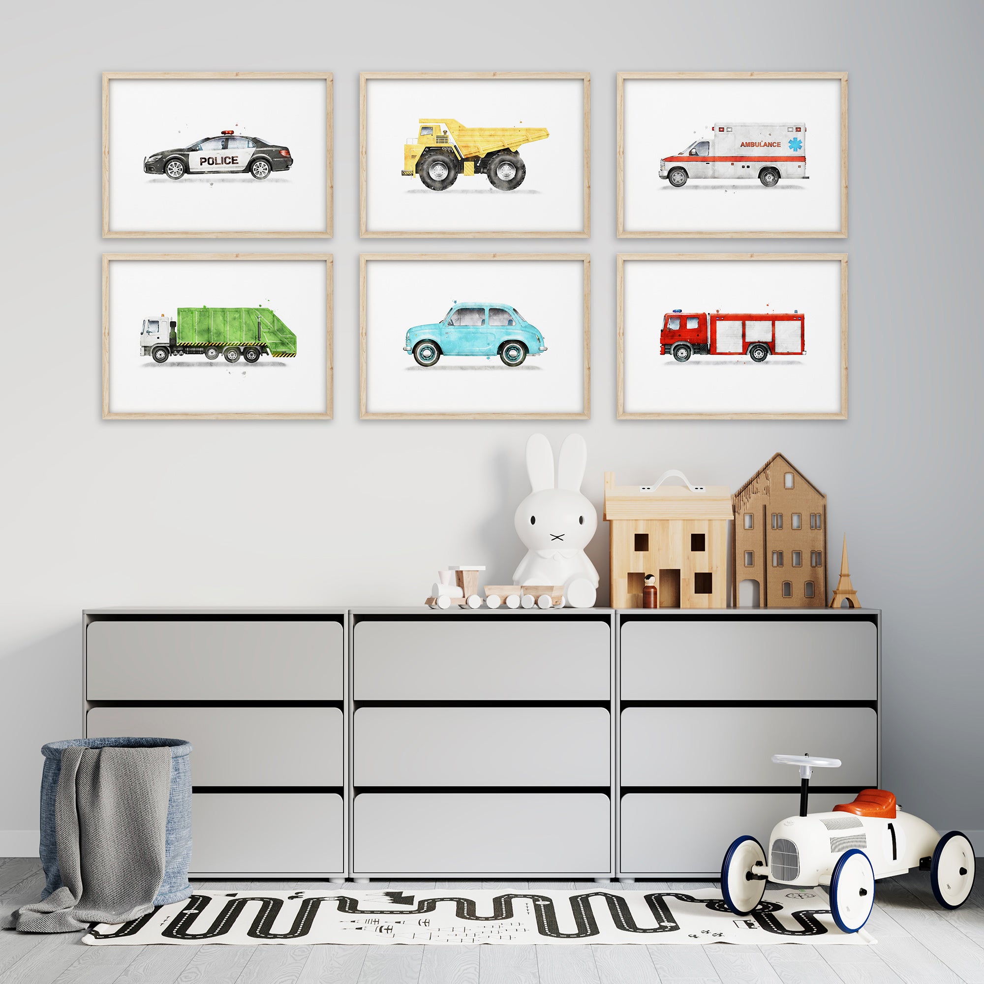 Kids vehicles wall art set of 6 prints, police car, ambulance, fire truck, dump truck, garbage truck, retro car, watercolor transportation wall art decor for nursery, boys room prints set, playful colorful vehicle art, large printable wall art
