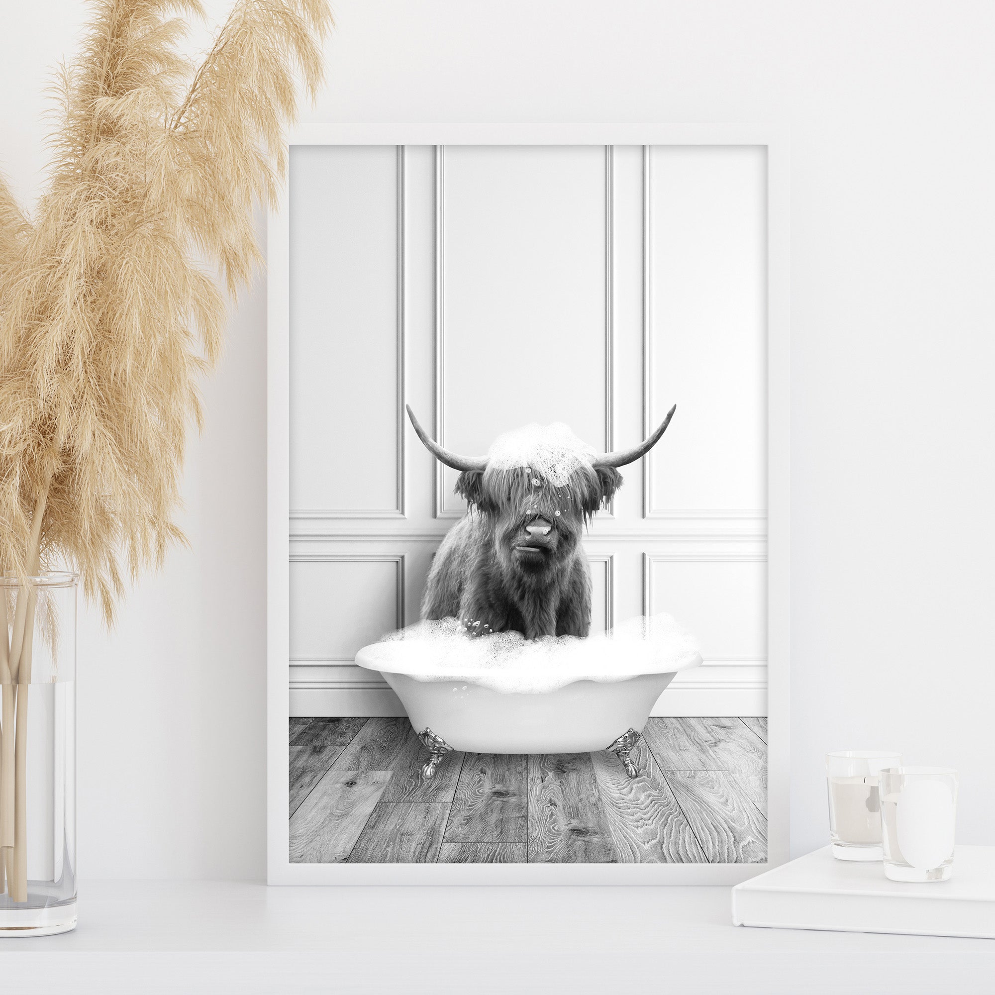 Monochrome highland cow bathtub printable wall art, farmhouse bathroom decor, neutral aesthetic poster large