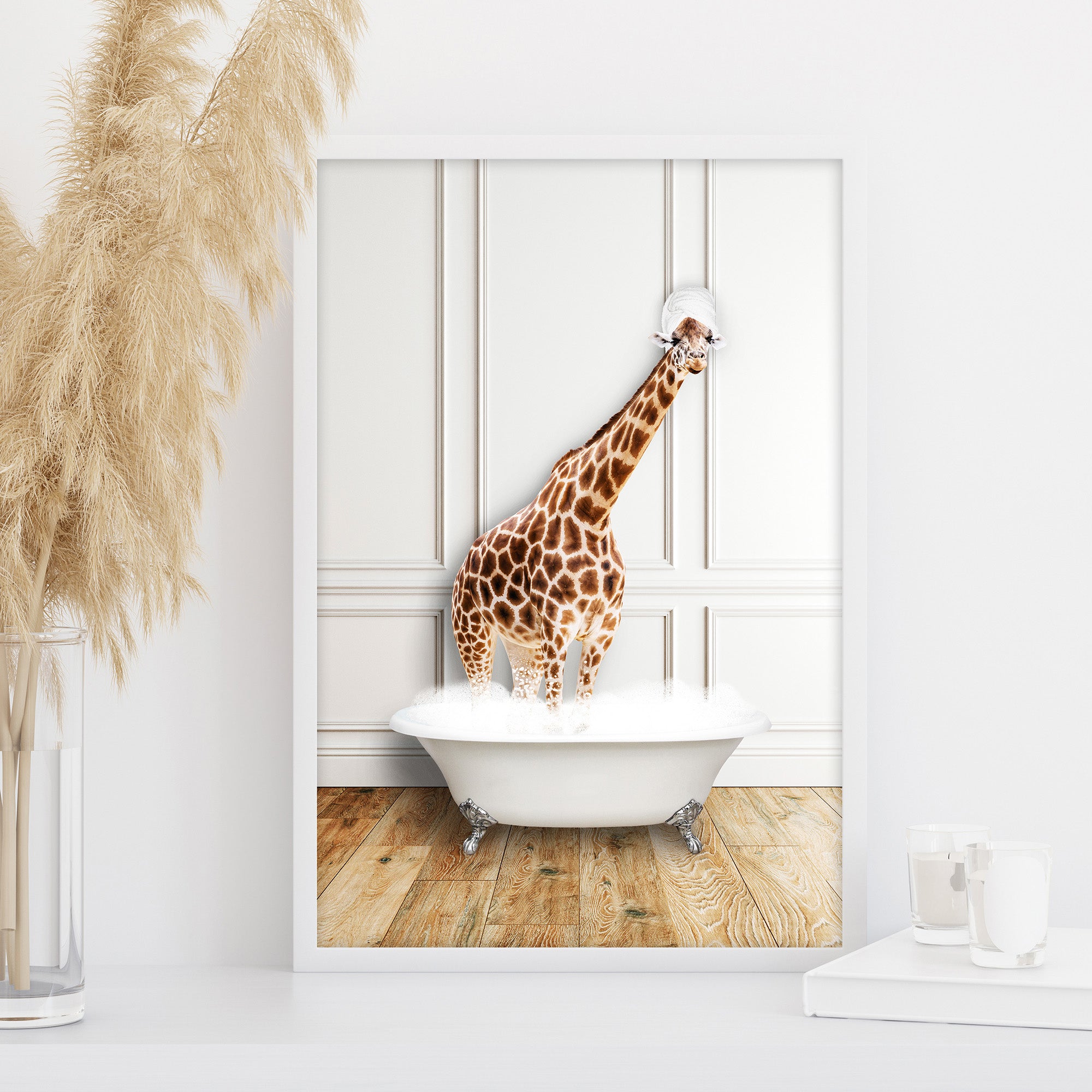 Cute giraffe bath printable wall art, safari animal bathroom poster, kids or nursery bathroom print large