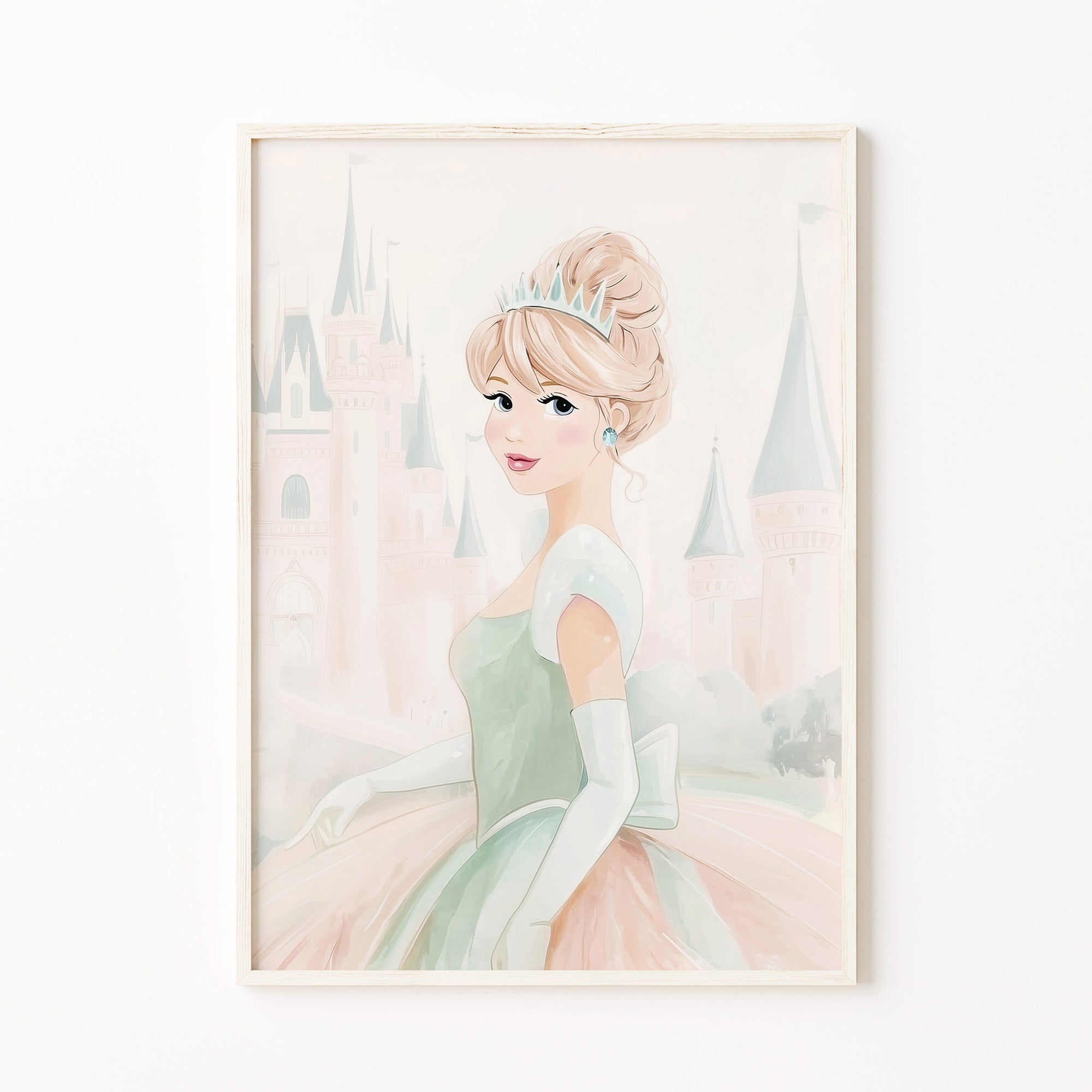 Fairytale princess wall art print, castle wall art, blush pink and sage green pastel nursery decor for digital download, baby girl room print, large printable wall art