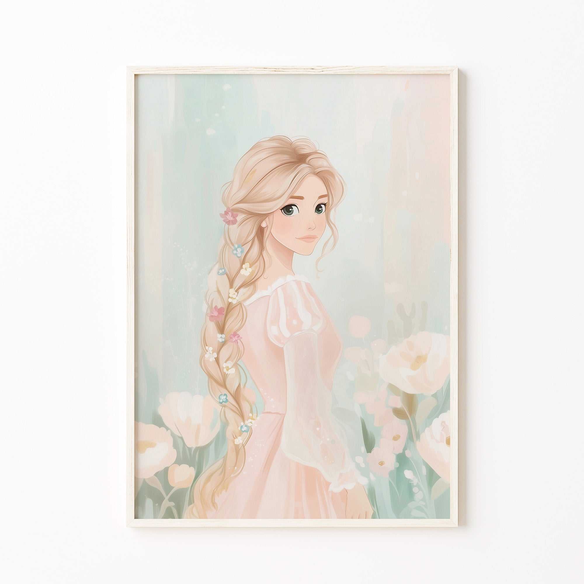 blonde long hair princess wall art print, floral nursery print, fairytale girl illustration, picture, poster, baby girl wall art, soft pastel nursery decor for digital download, large printable wall art
