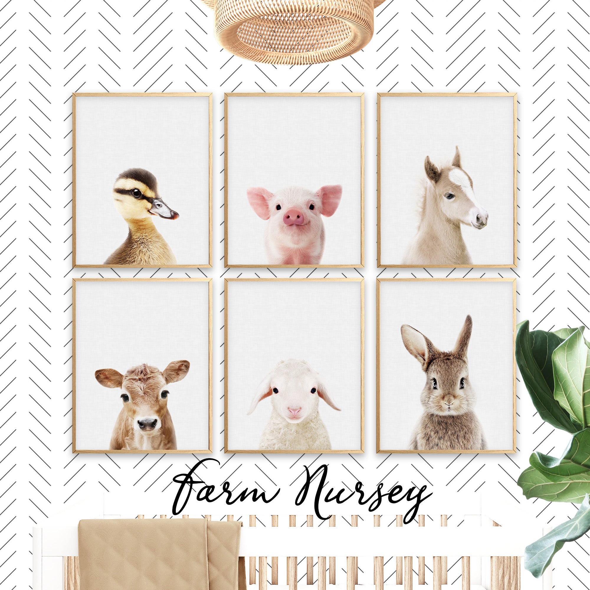 Farm baby animal prints for nursery wall art decor, farmhouse baby room art, farm nursery prints for boho interior, duck, pig, cow, horse, lamb, bunny prints, set of 6, large digital download, printable wall art