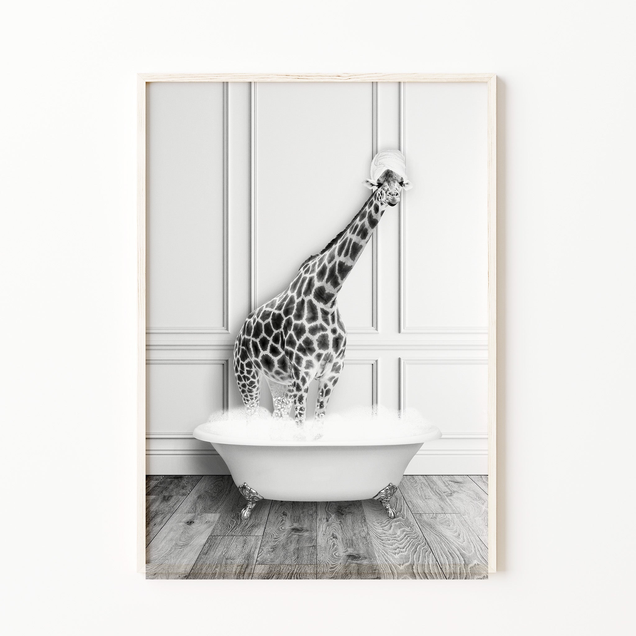 Black and white giraffe bathroom wall art, funny animal bathtub print, minimalist modern decor large