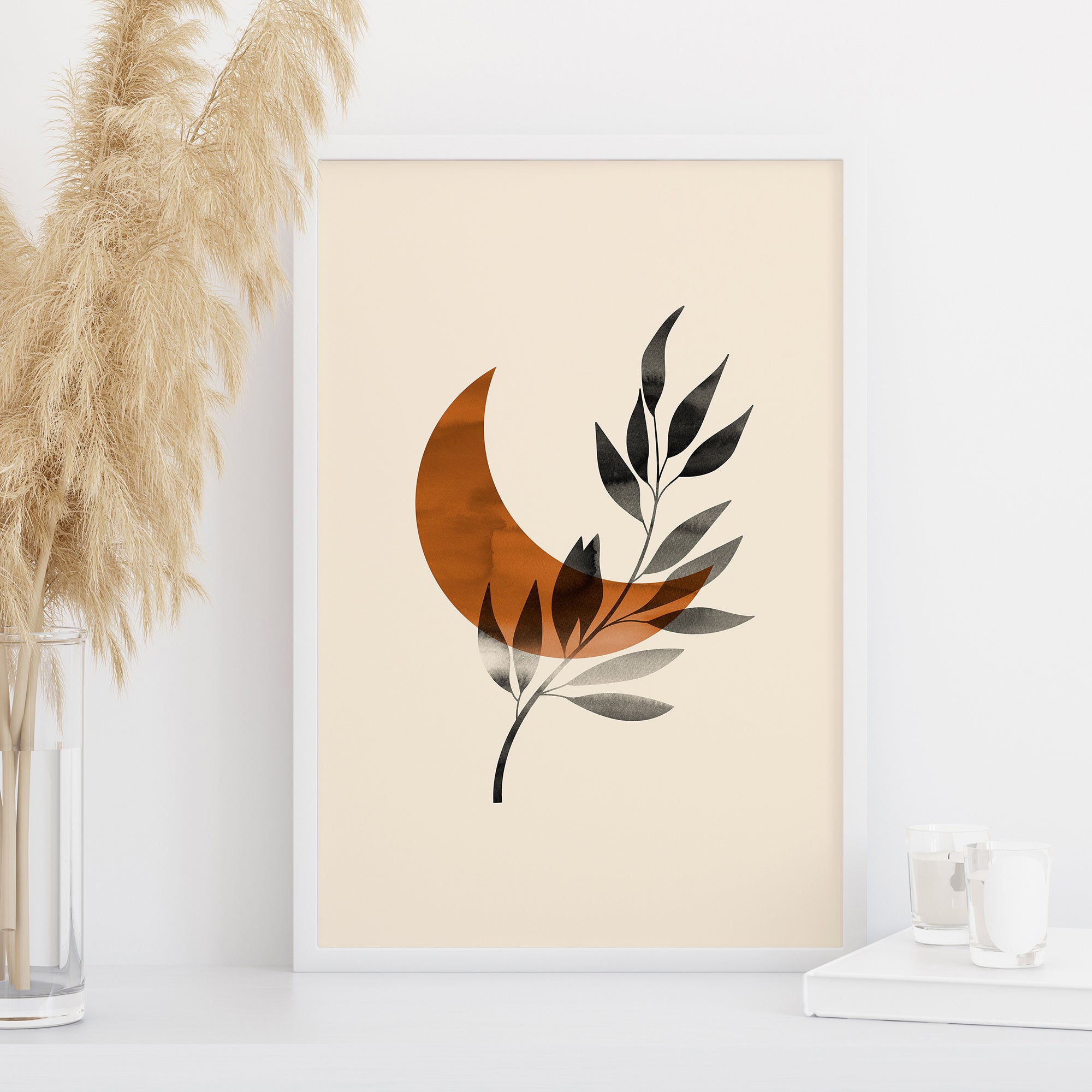 abstract leaf and moon wall art boho minimalist botanical design terracotta neutral decor large printable wall art