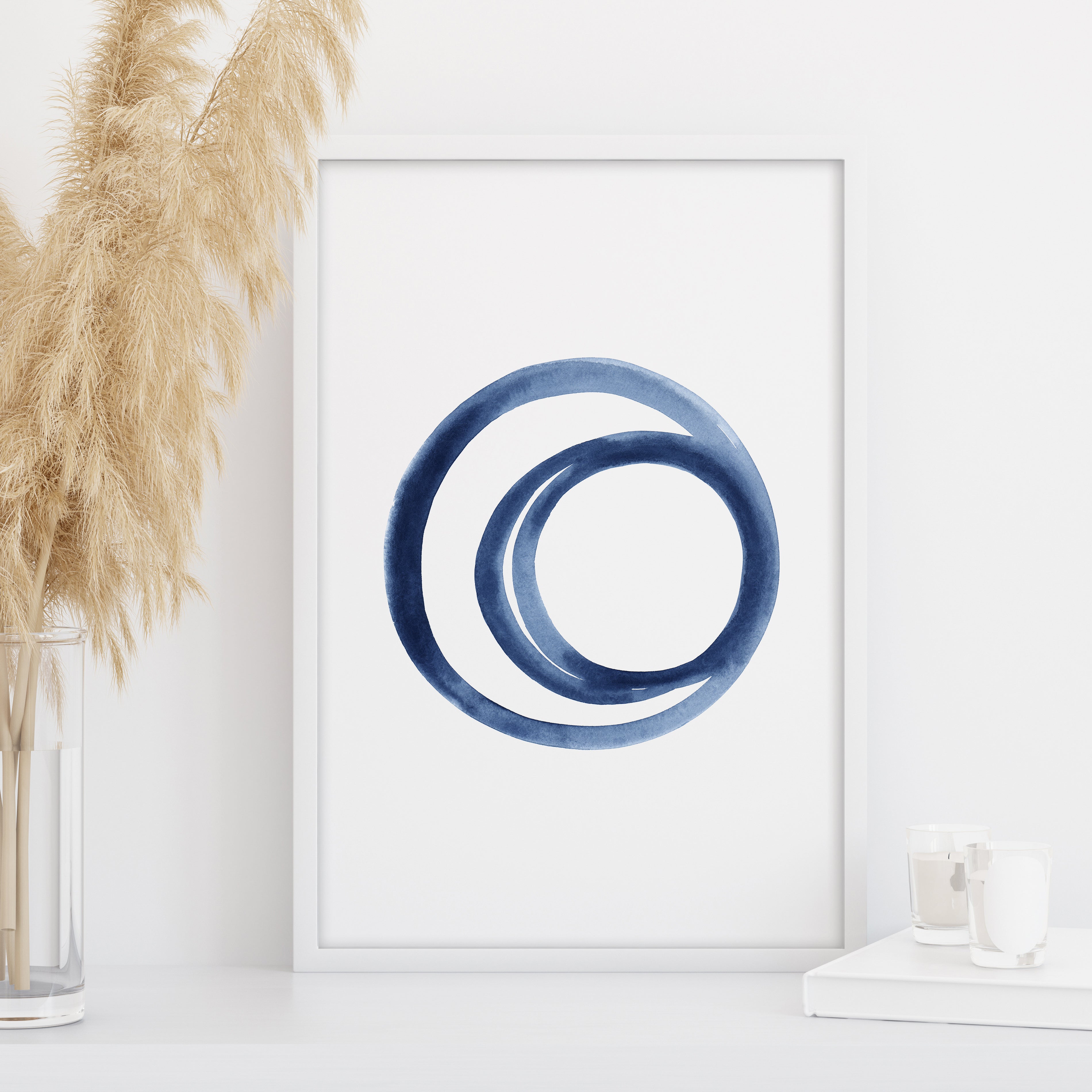 navy circular abstract art print, watercolor rings design, geometric wall decor, large printable wall art