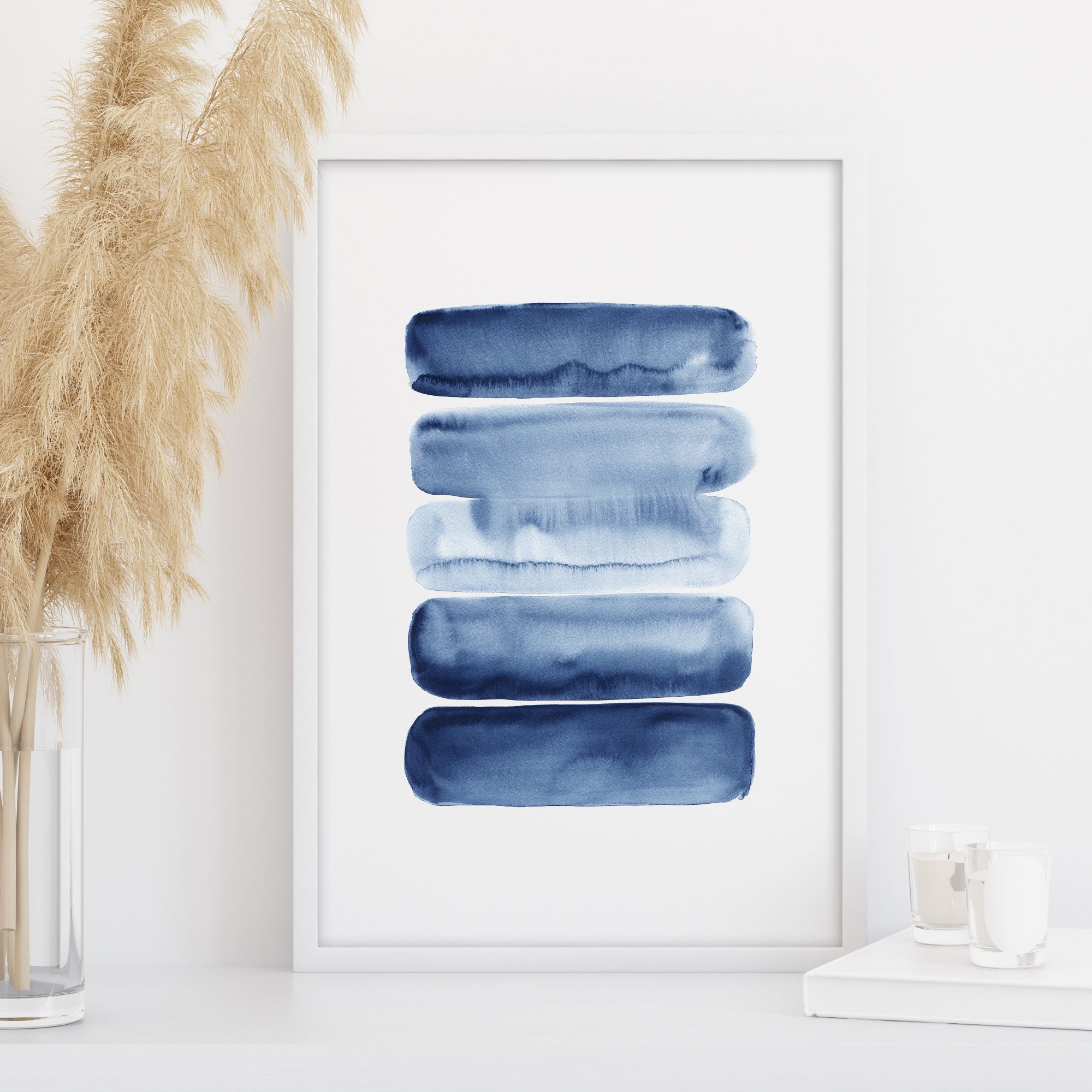 indigo watercolor stripes wall art, abstract blue brush strokes print, minimalist home decor large printable wall art