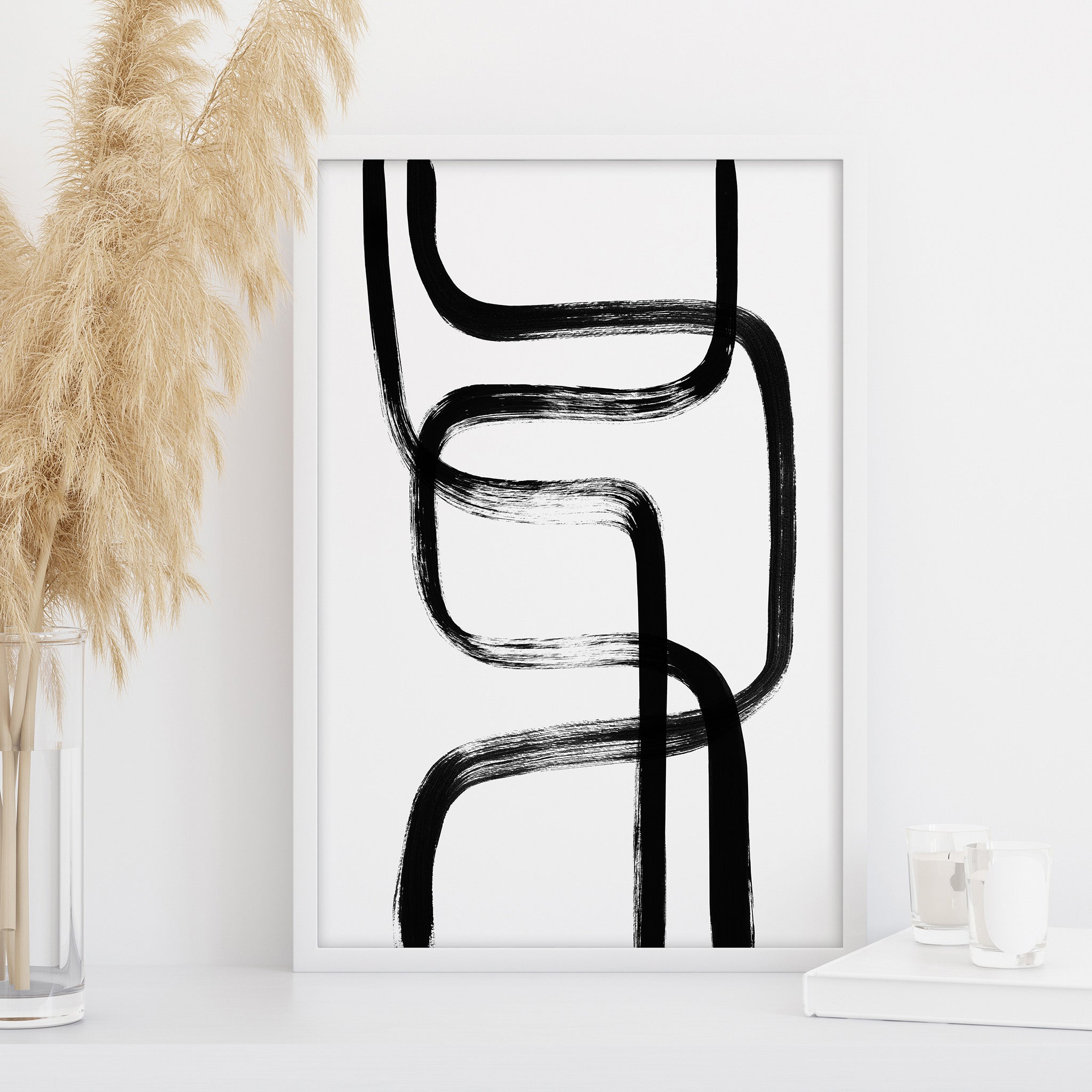 black and white abstract line art wall decor minimalist organic shapes modern scandinavian print large