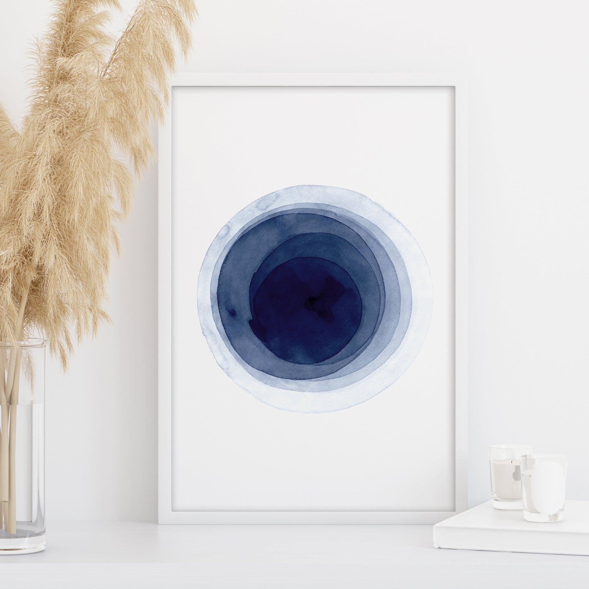 navy blue concentric circle art print, abstract geometric watercolor wall decor, abstract blue wall art