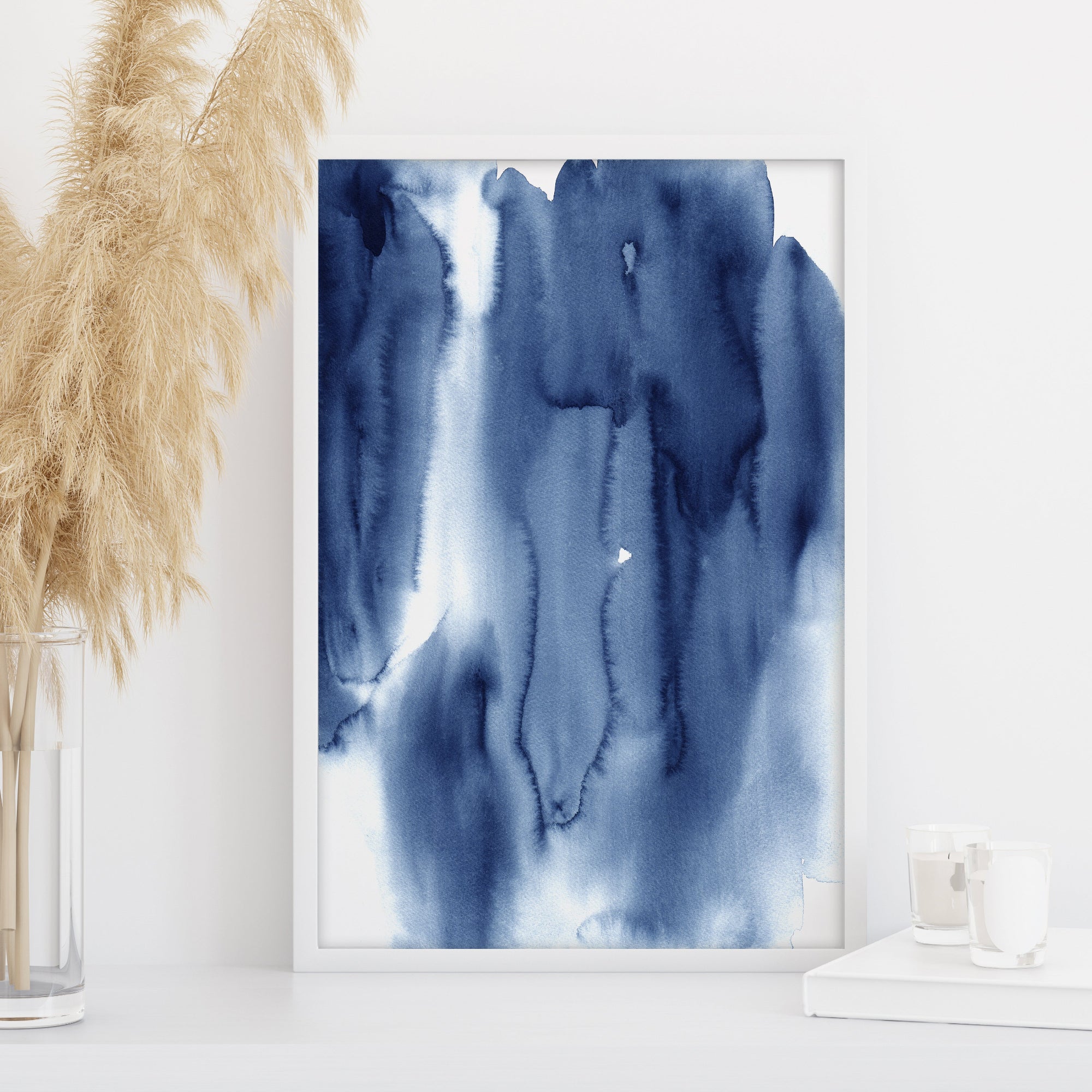 navy blue watercolor abstract painting, fluid ink style wall art, contemporary home decor