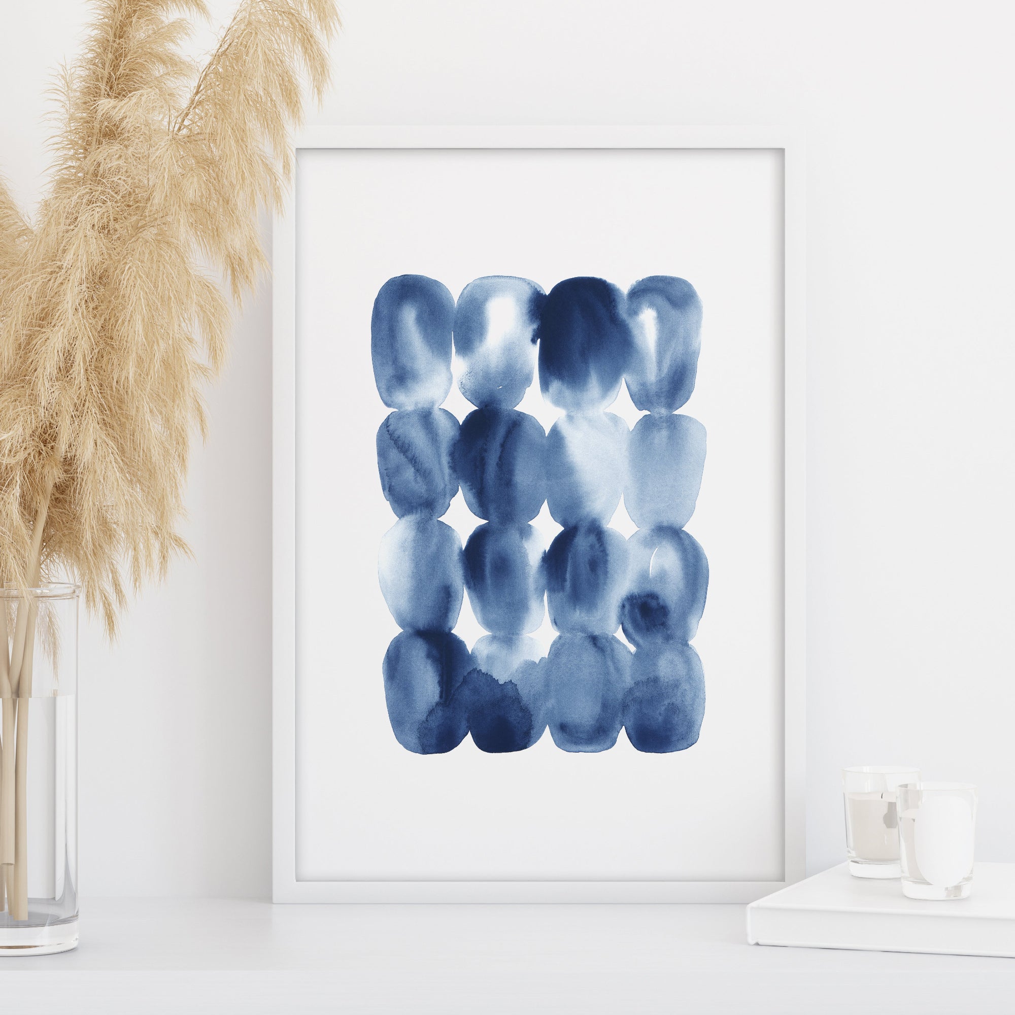navy blue abstract shapes art print, watercolor organic pattern wall art, contemporary wall decor