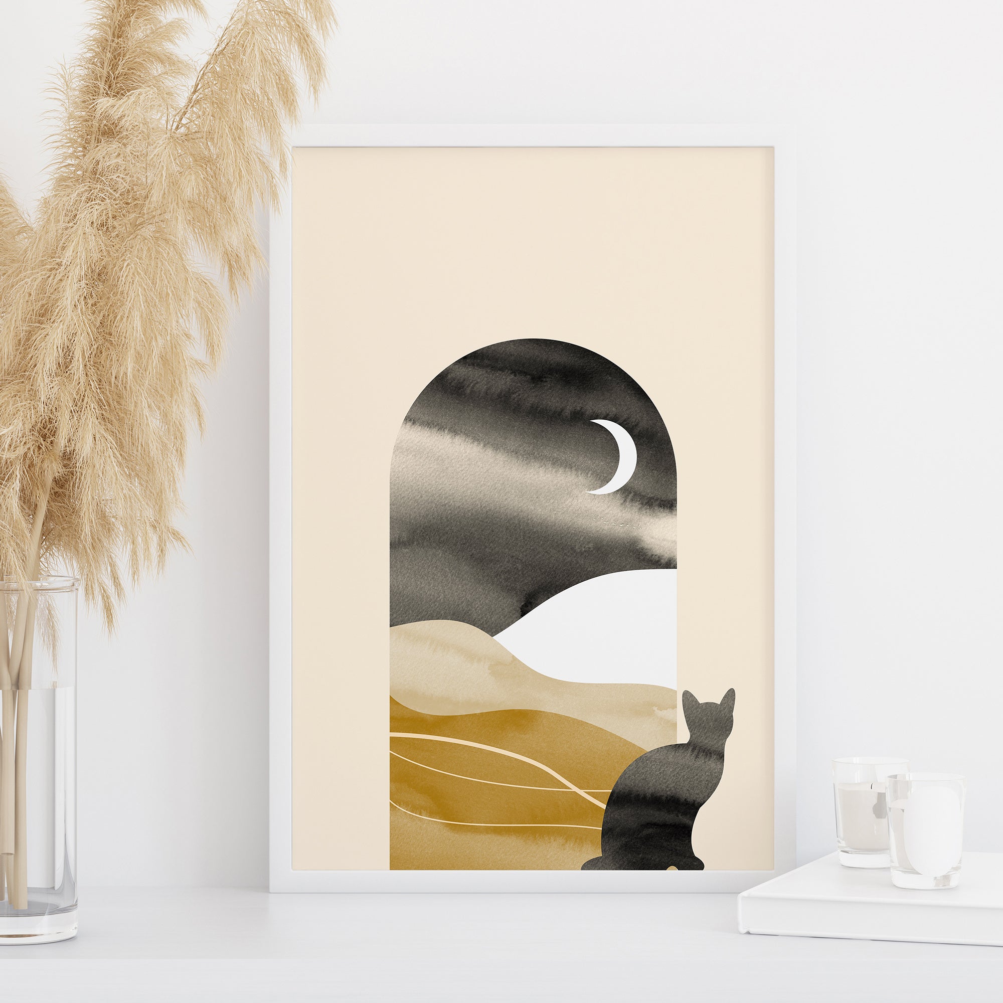 boho moon wall art with cat silhouette abstract desert landscape minimalist print
