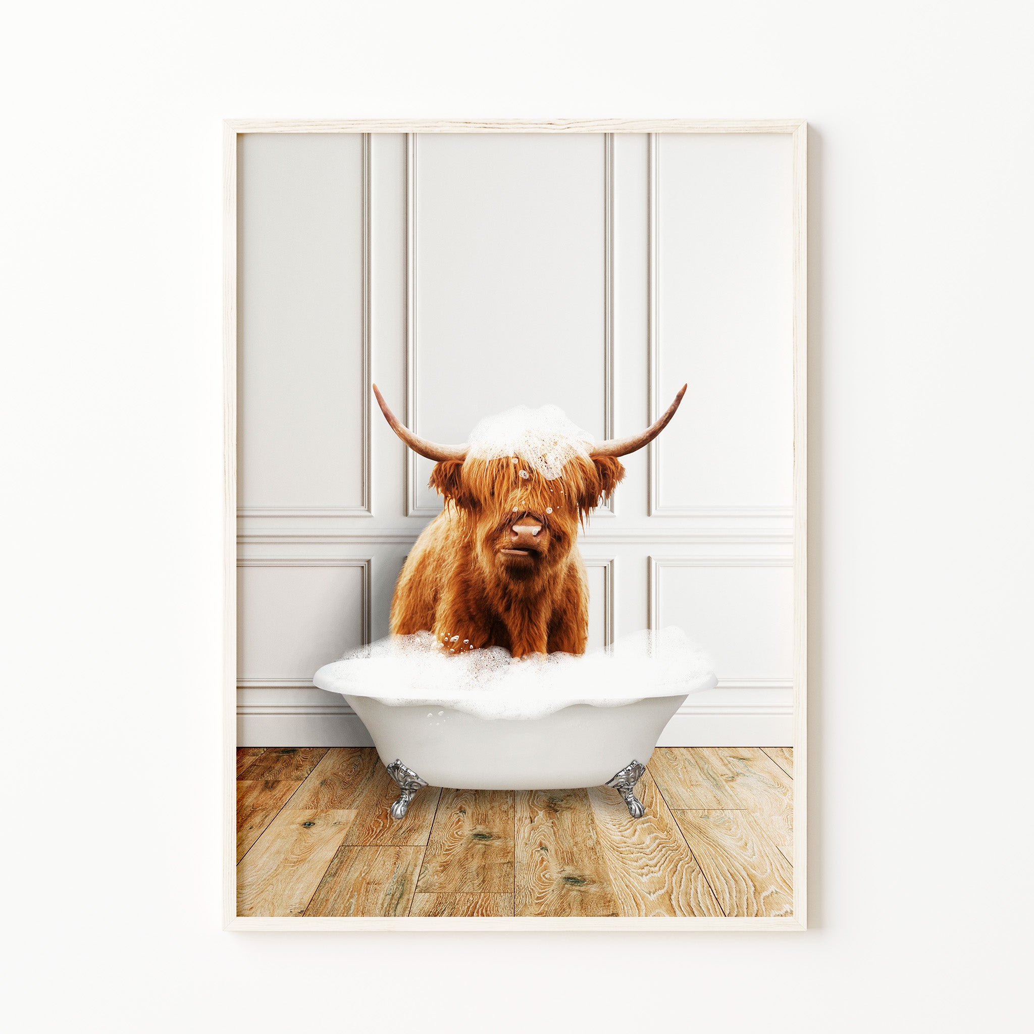 Cute Highland cow bathroom wall art, funny animal bathtub print, rustic farmhouse bathroom decor, large, digital download