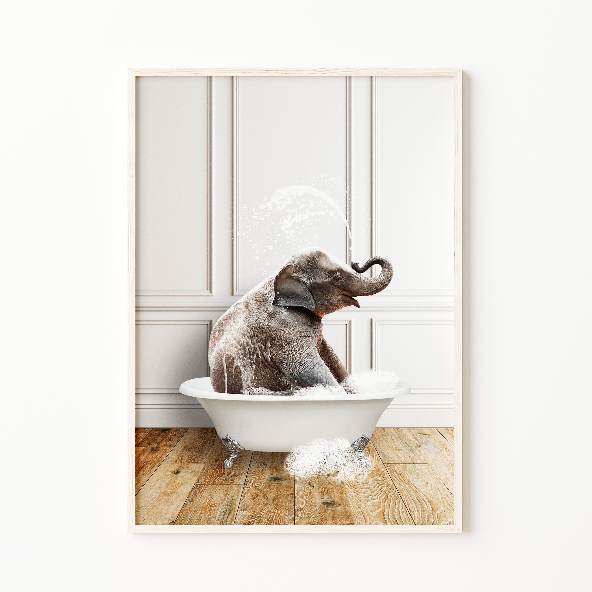 Cute Elephant bathroom wall art, funny whimsical animal bathtub print, modern bathroom decor, large printable wall art