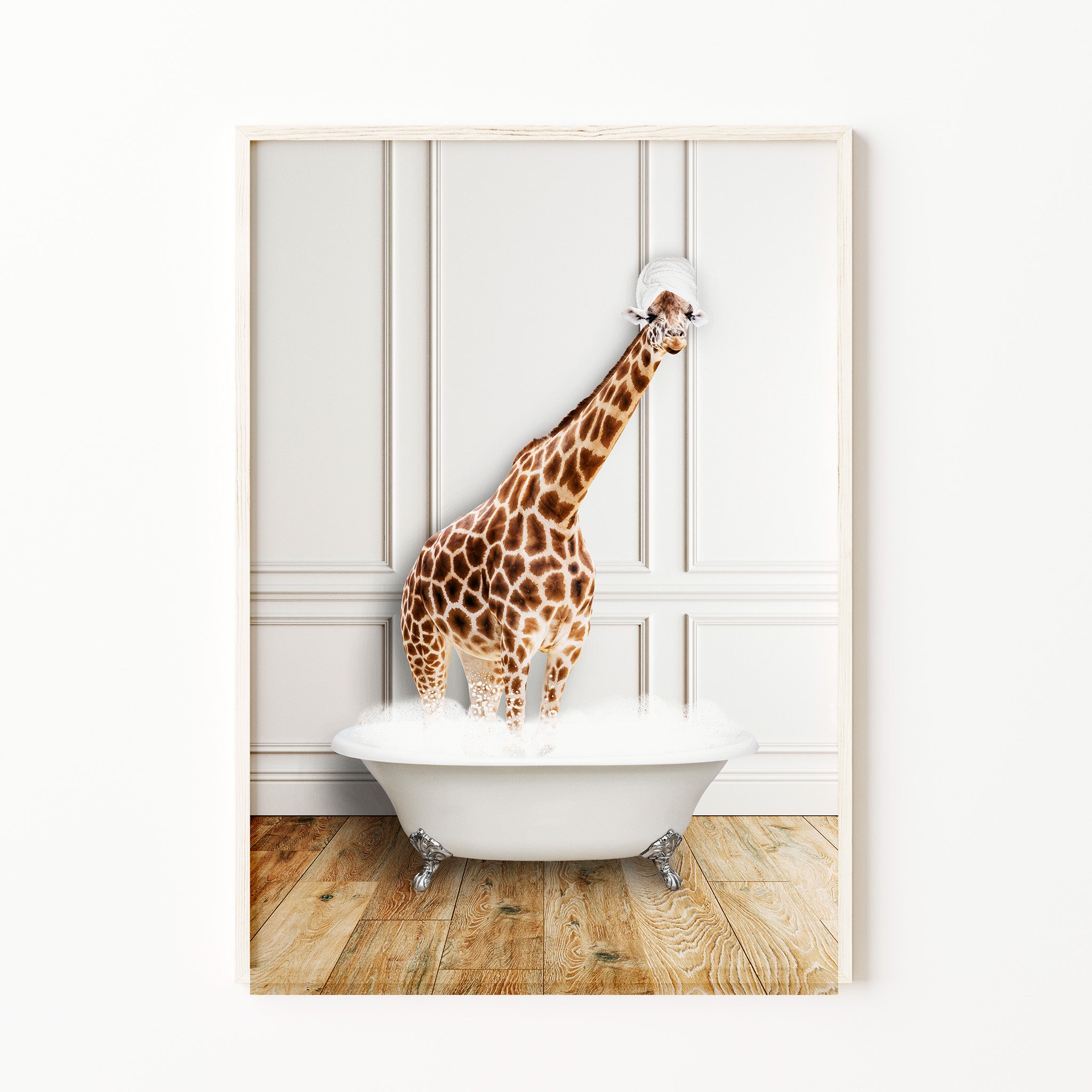Giraffe bathroom wall art, funny animal in bathtub print, playful whimsical modern bathroom decor, large instant download