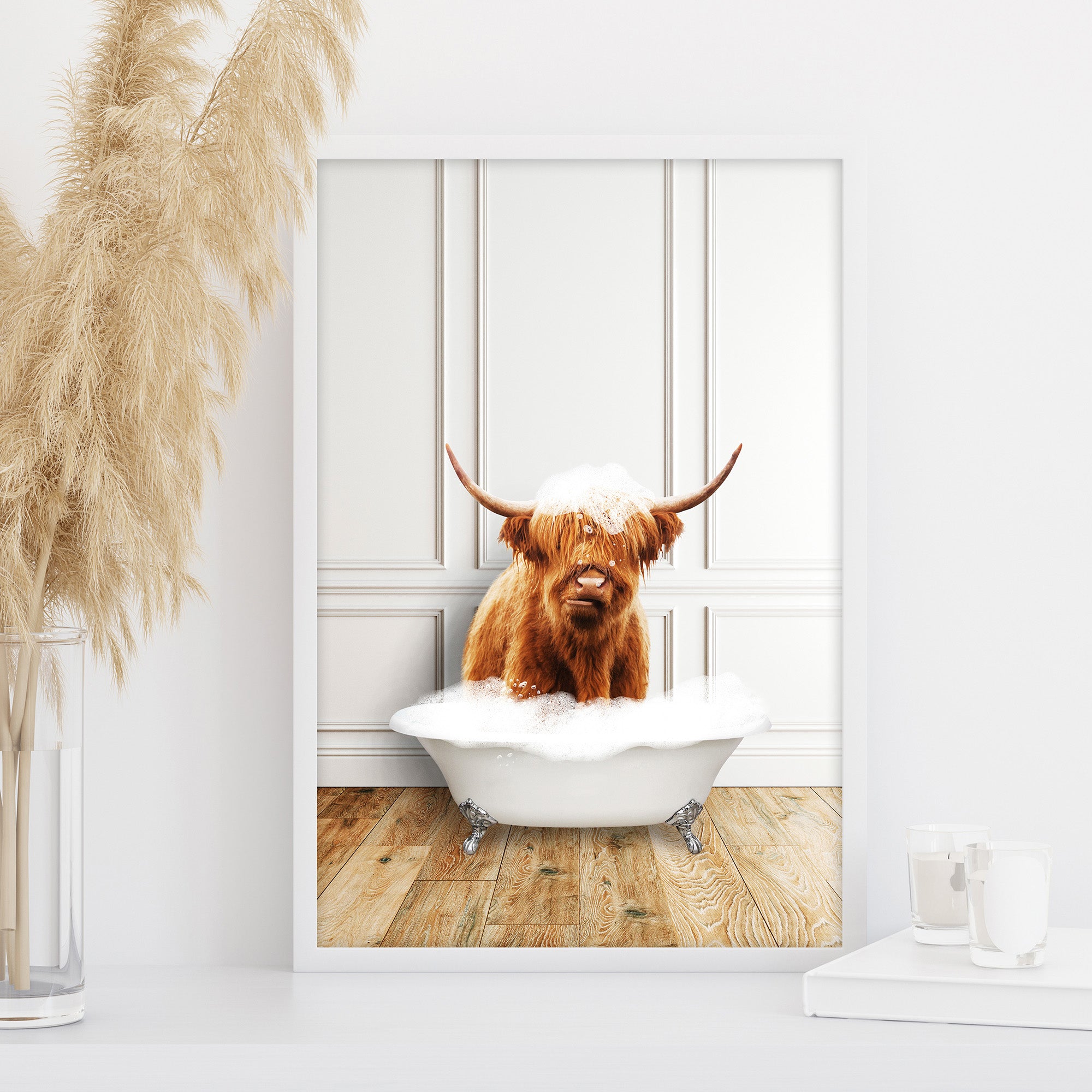 Cute highland cow bath printable, whimsical animal wall art, cozy farmhouse bathroom or toilet decor large printable wall art